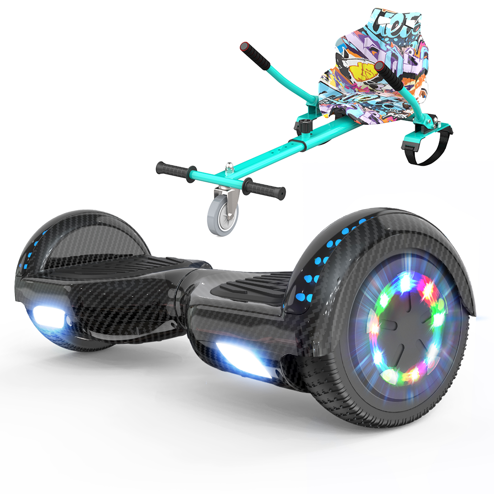 Een hoverboard met een zitbevestiging. Het hoverboard is zwart met blauwe lichten, de zitting is kleurrijk en het frame is turquoise.