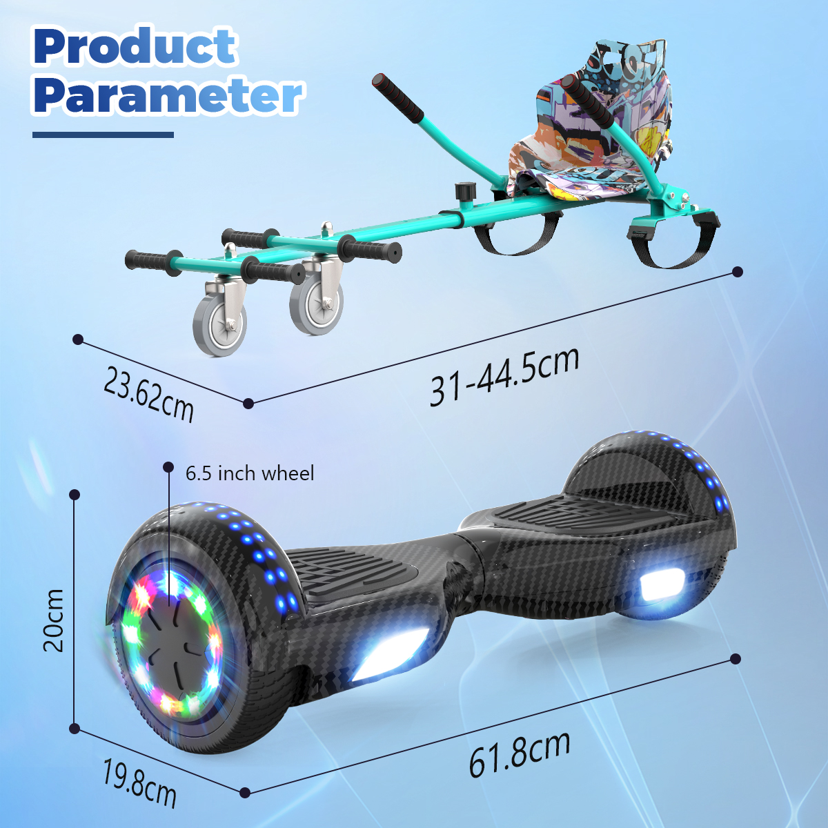 Afbeelding toont een hoverboard en een kart-opzetstuk. Afmetingen worden weergegeven, inclusief wielmaten en bordlengtes, op een gradiëntachtergrond.
