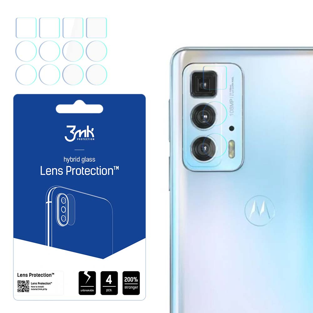 Un kit di protezione dell'obiettivo del telefono con protezioni per lo schermo e un telefono. Il kit è blu con testo, il telefono è argento.