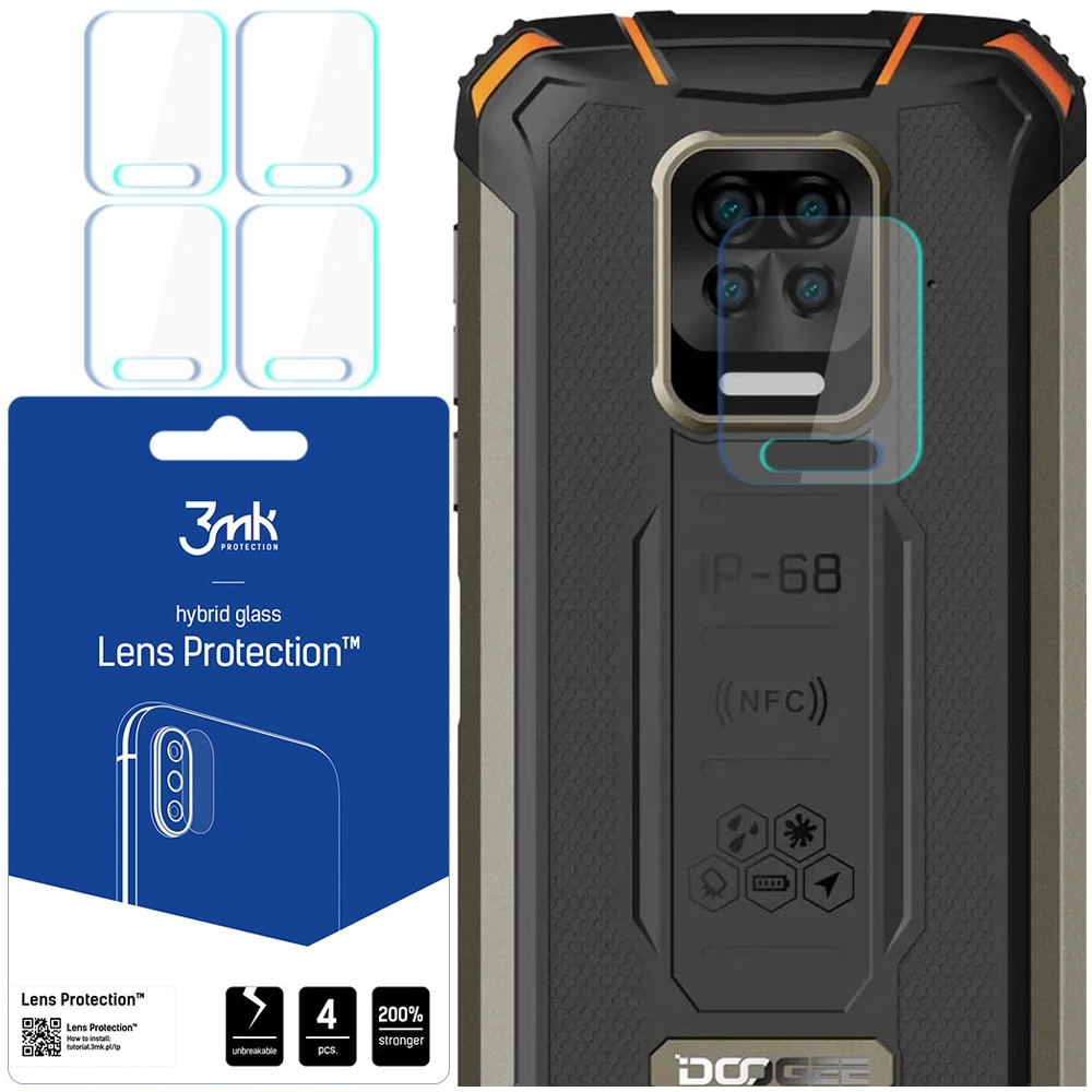 L'immagine mostra il retro del telefono con protezione per lenti, 4 protezioni per lenti e imballaggio. L'imballaggio riporta il testo: Lens Protection, infrangibile, 4 pezzi, 200% più resistente.