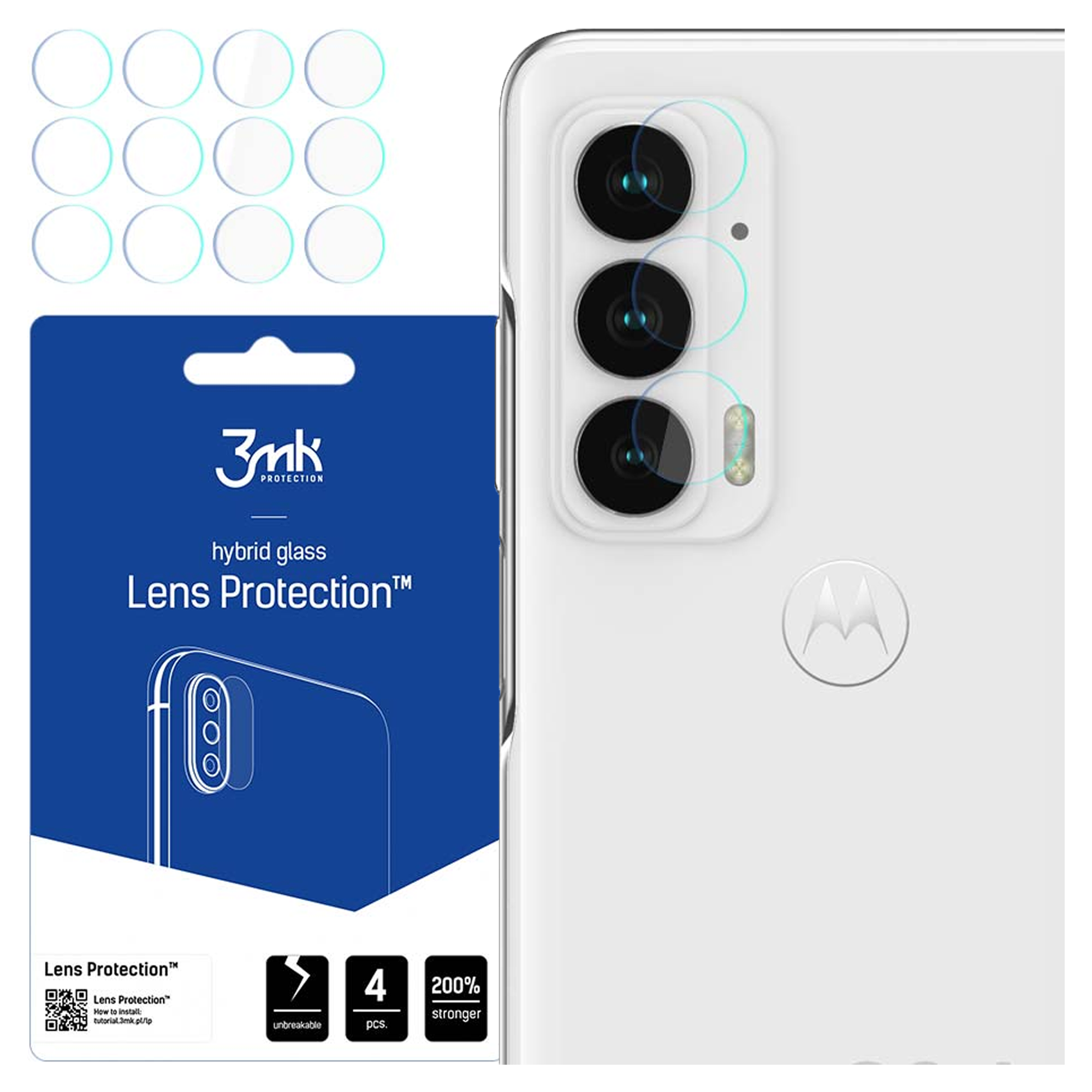 Un telefono con protezioni per lenti della fotocamera, un pacco di protezione per lenti e un telefono bianco con il logo Motorola.