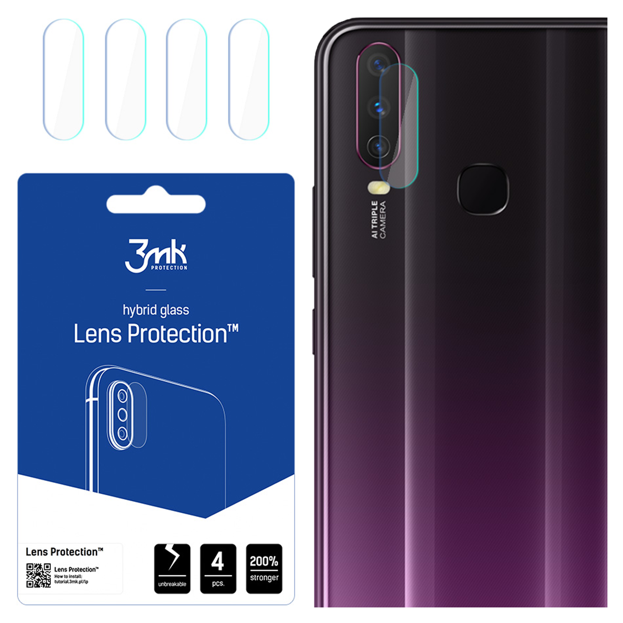 Un telefono e protezioni per lenti. Il telefono è viola scuro. Le protezioni per lenti sono trasparenti e in una confezione blu.