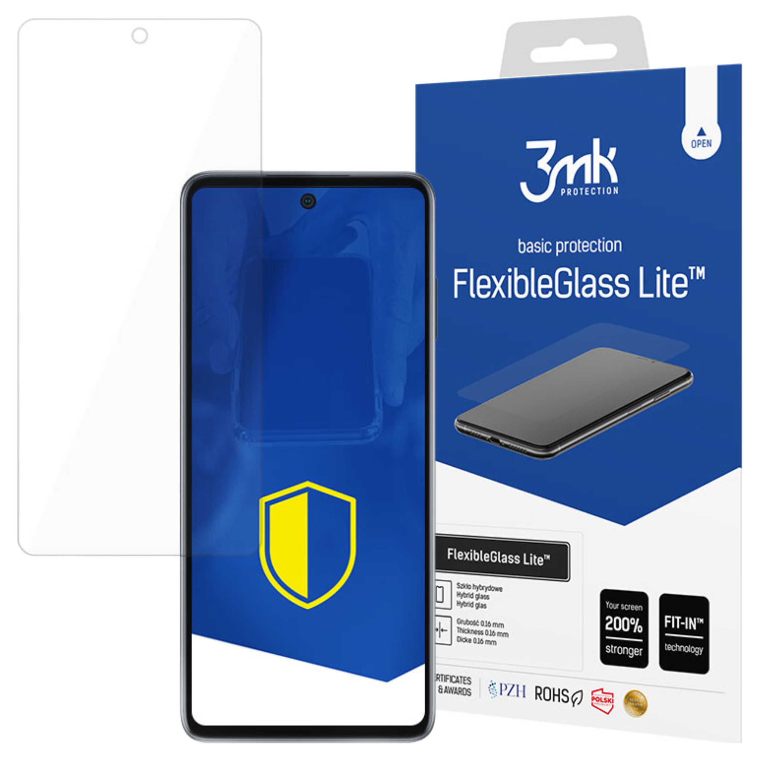 Un proteggi schermo, un telefono e la sua scatola sono mostrati, con testo come 'FlexibleGlass Lite' e '200% più forte'.