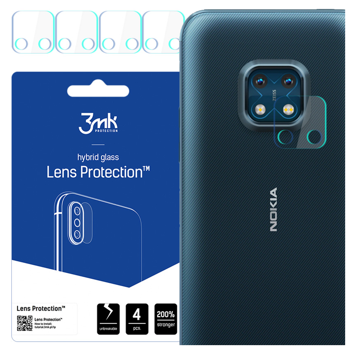 Un telefono con protezione per lenti, un pacco di protezioni e protezioni aggiuntive. Il telefono ha tre fotocamere.