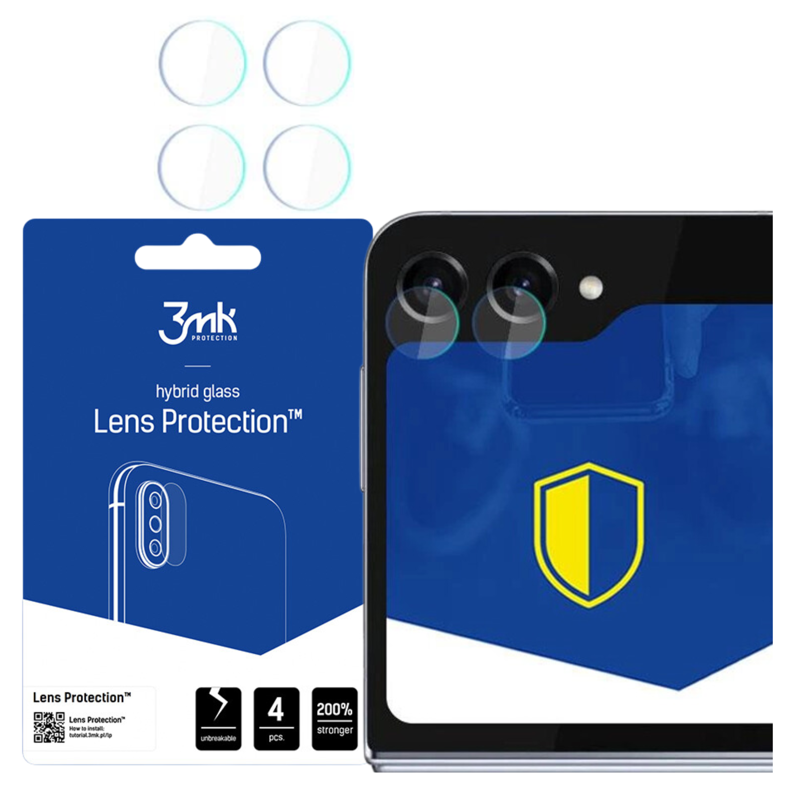 Obraz przedstawia osłony obiektywów, telefon i pudełko produktu z tekstem i logo. Widoczne są cztery osłony obiektywów.