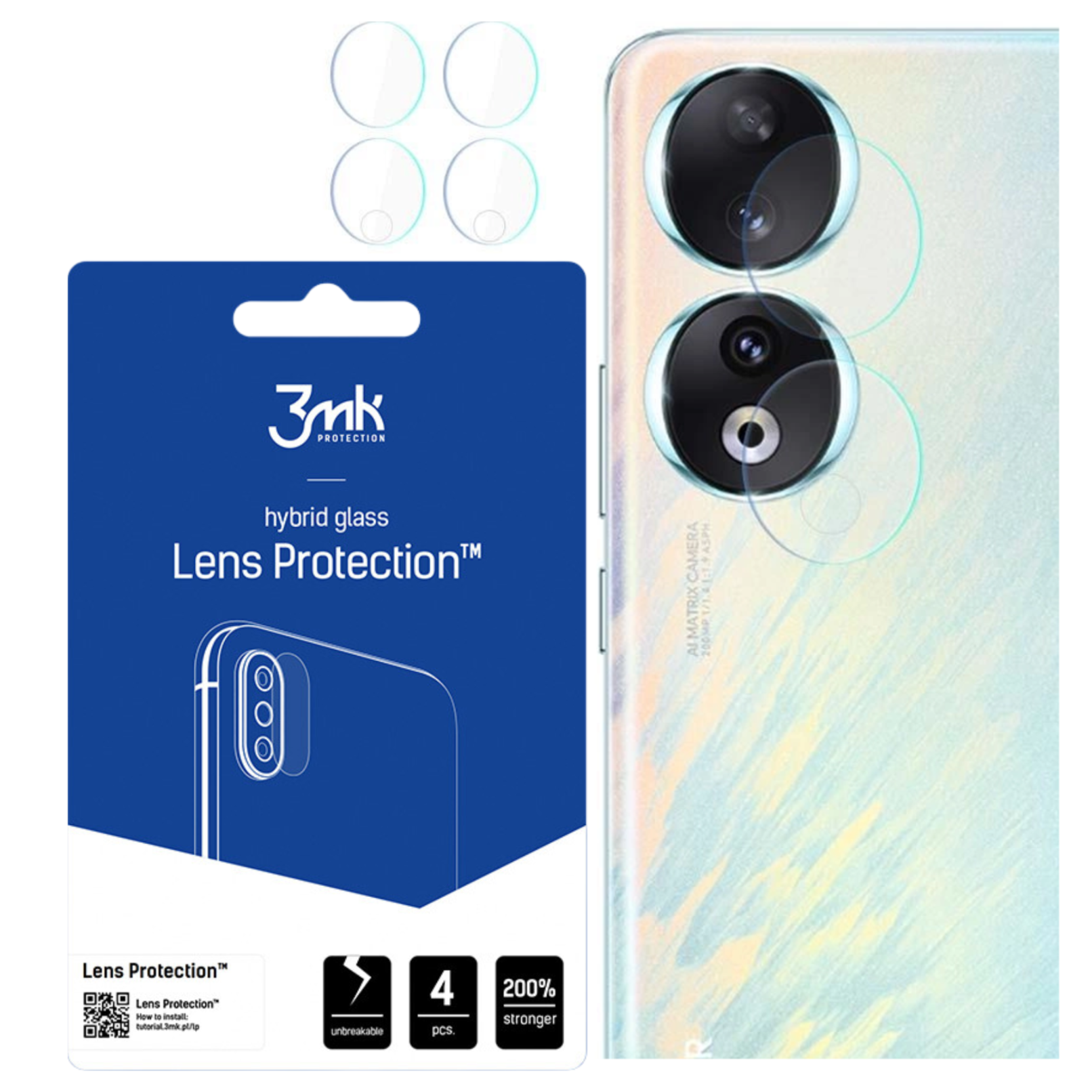 Telefon i zestaw szkieł ochronnych. Zestaw zawiera osłony obiektywów, a soczewki aparatu telefonu są widoczne.