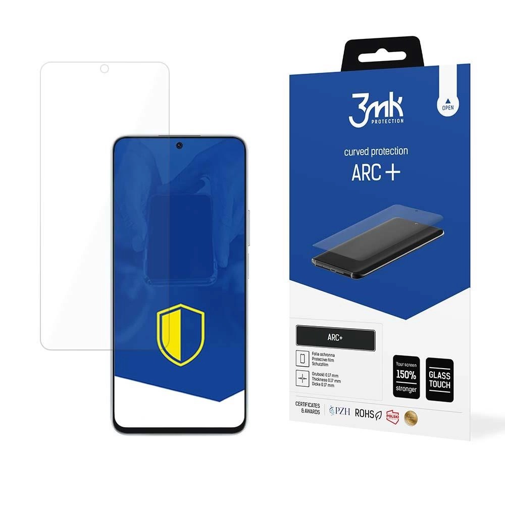 Wyświetlany jest telefon i ochraniacz ekranu. Ochraniacz jest zakrzywiony, a na pudełku widnieje marka 3mk ARC+.