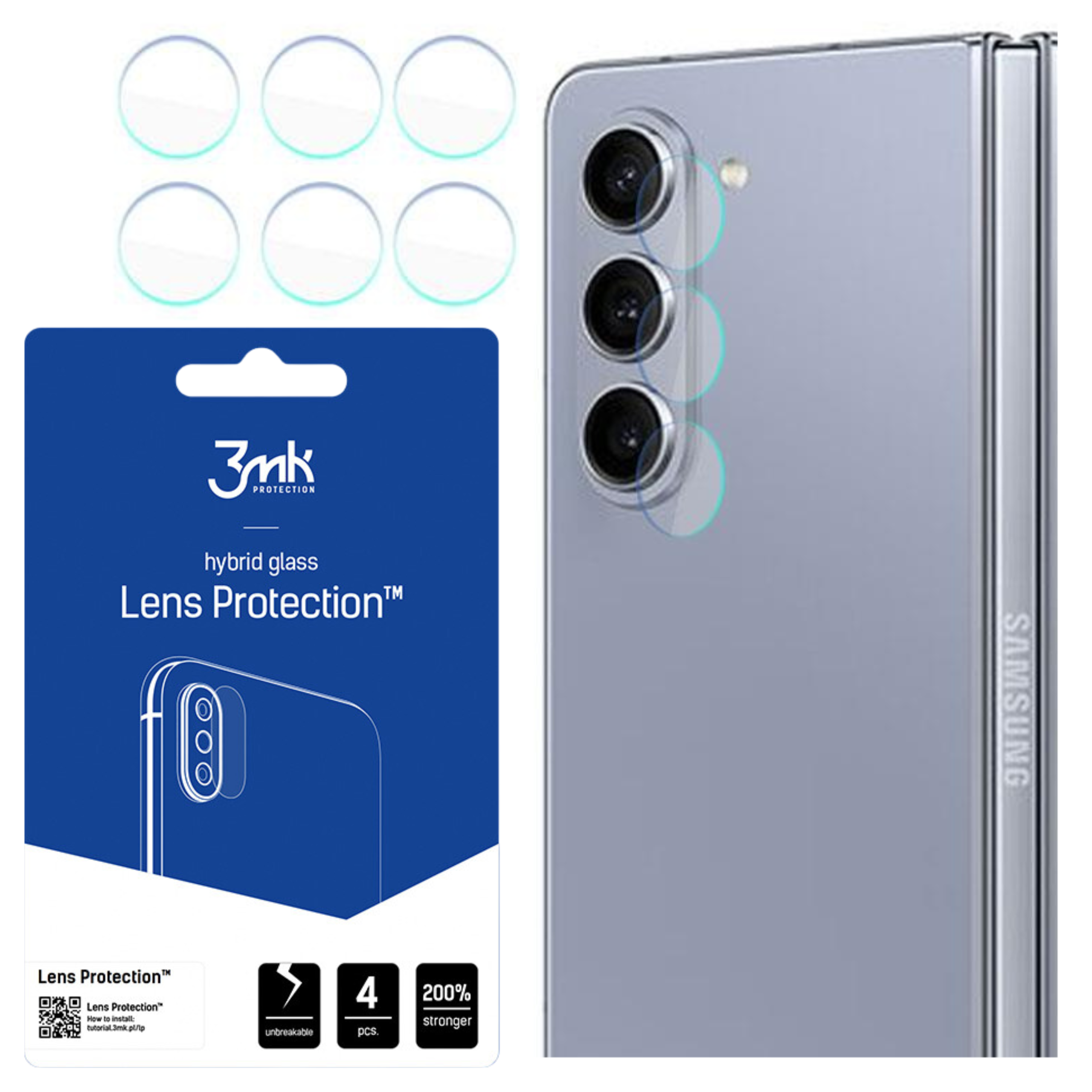 L'immagine mostra un telefono con protezioni per lenti, una confezione con dettagli sulla protezione delle lenti e il logo Samsung.