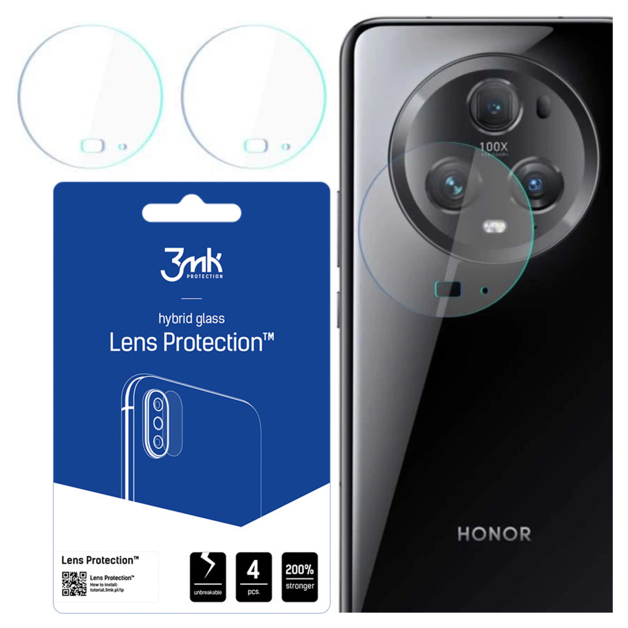 Obraz przedstawia osłony obiektywów, tył telefonu z aparatem i opakowanie produktu. Na opakowaniu napis 'Lens Protection'.