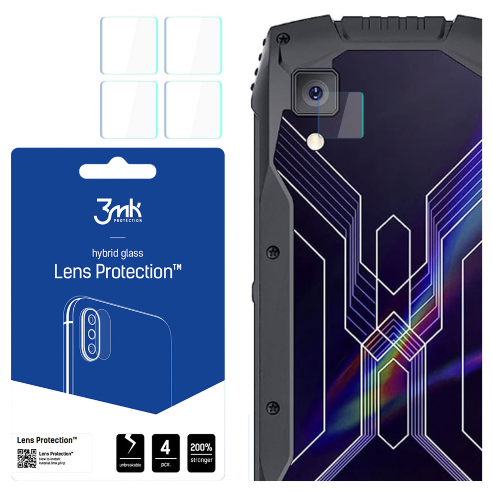 Obraz przedstawia osłony na obiektyw telefonu, tył telefonu i opakowanie osłon. Tył telefonu jest czarny. Opakowanie jest niebieskie.