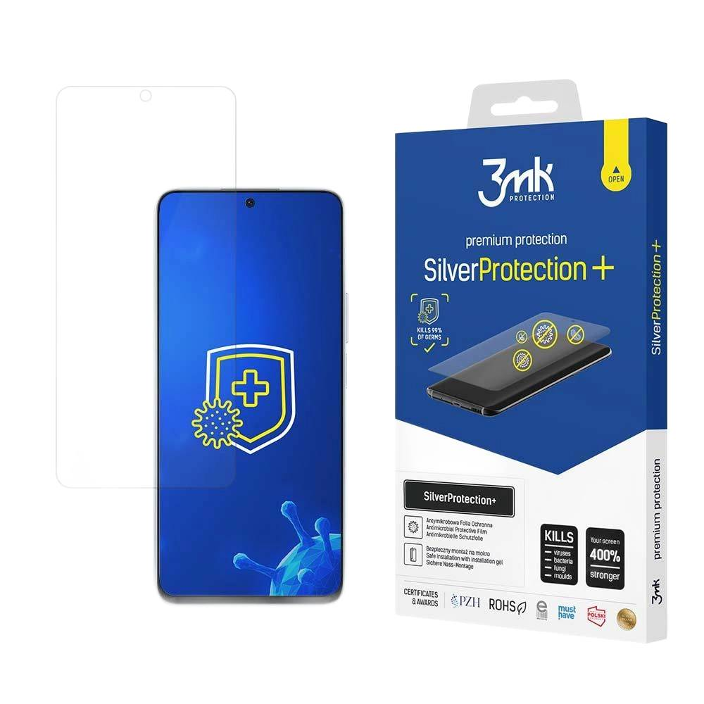 Una scatola di protezione per lo schermo del telefono e uno schermo del telefono. La scatola dice Silver Protection + e uccide il 99% dei germi.