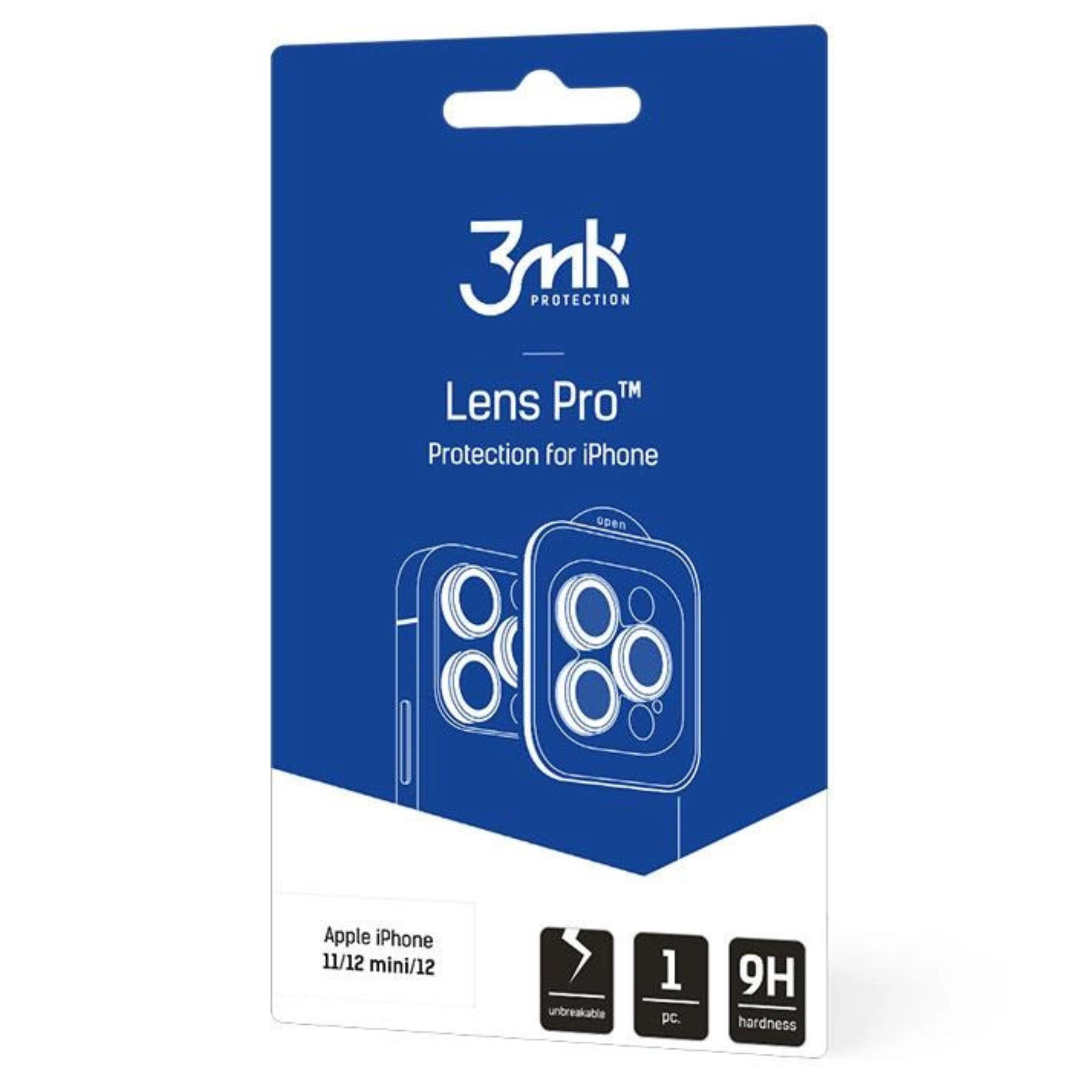 Una confezione blu con la protezione schermo 3mk Lens Pro per iPhone. Mostra il design della fotocamera dell'iPhone.