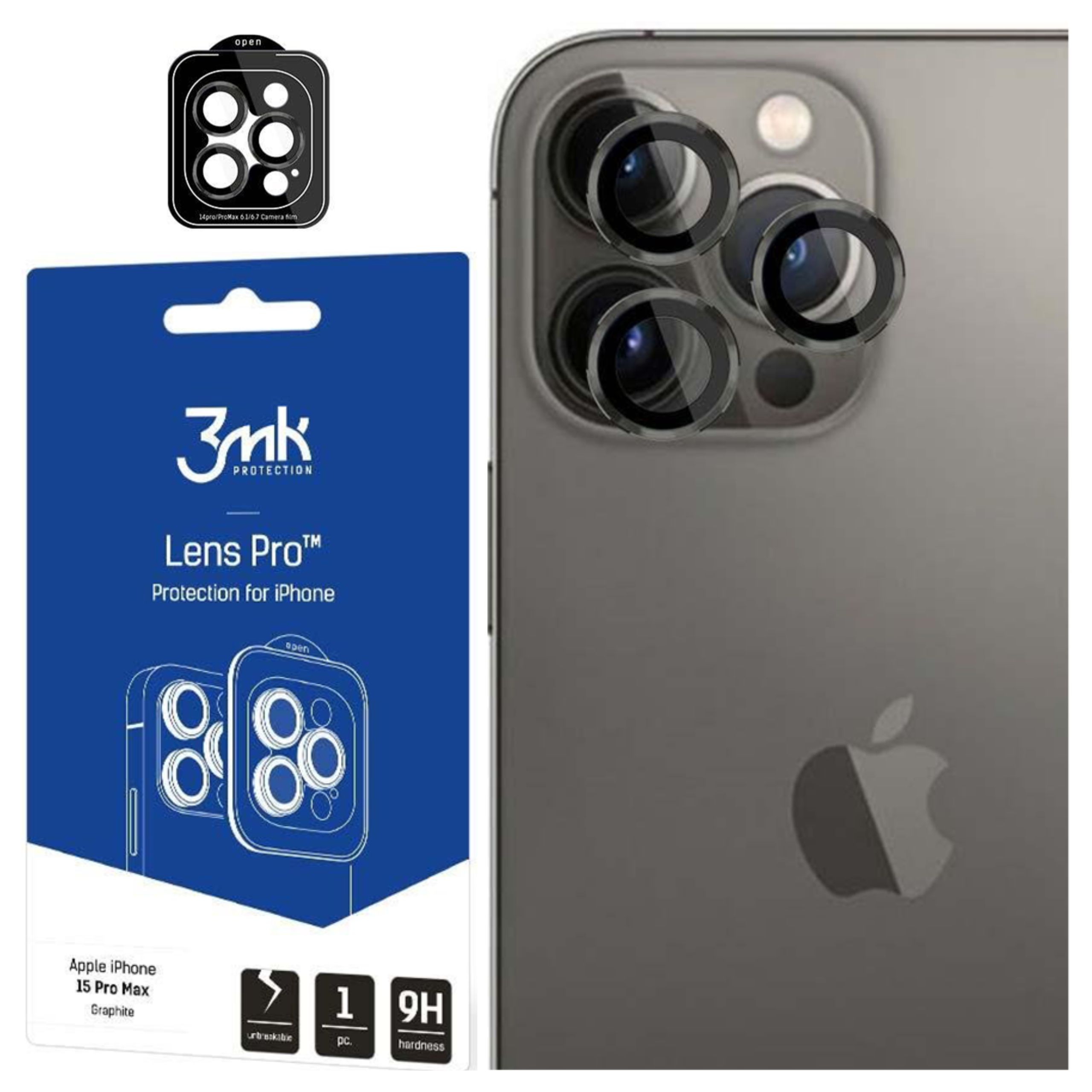 Un iPhone con confezione di protezione per lenti. La copertura è per le lenti della fotocamera. Il telefono è grigio con un logo Apple.