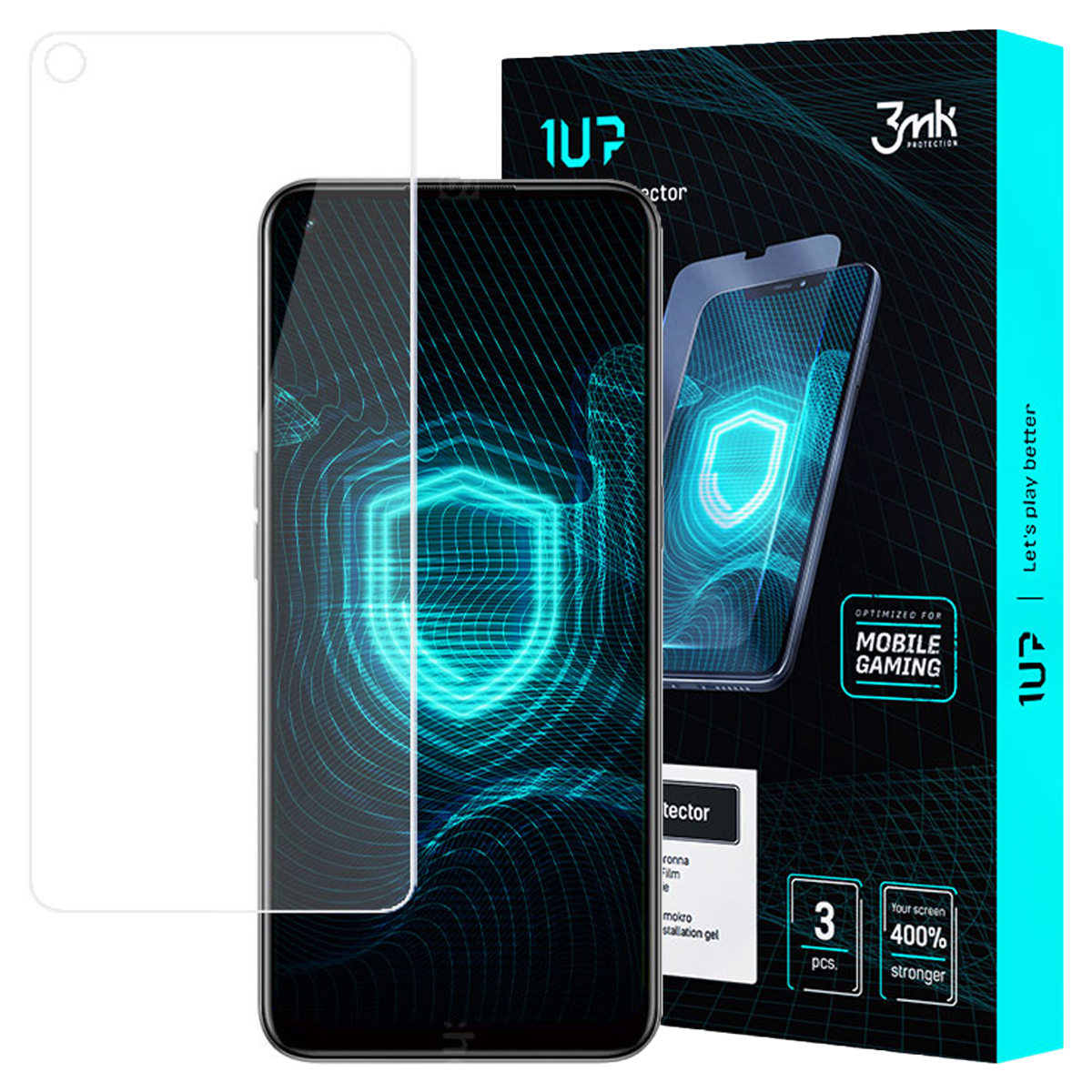 Un proteggi schermo e una scatola con l'immagine del proteggi schermo. La scatola ha il marchio 1UP e il testo 'Mobile Gaming'.