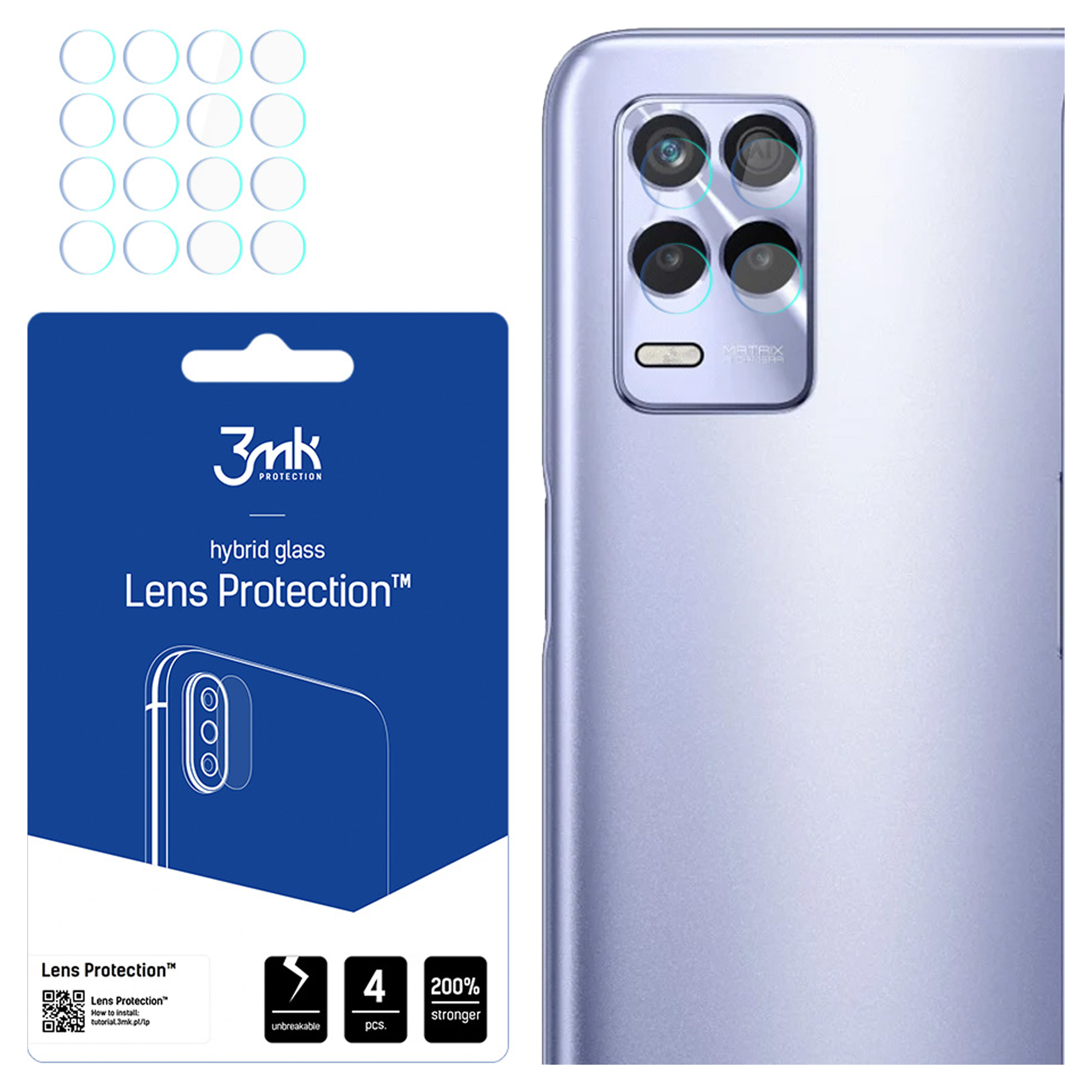 Un telefono e protezioni per lenti. Il telefono ha un rigonfiamento della fotocamera. La confezione protettiva è blu e bianca.
