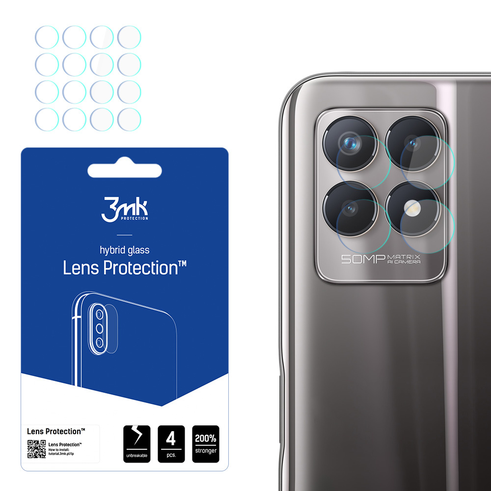 Un retro telefono con protezioni per lenti, una confezione blu con testo 'Lens Protection' e cerchi sopra.
