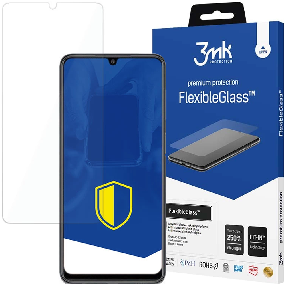 Ochraniacz ekranu telefonu, telefon i pudełko FlexibleGlass. Na pudełku znajduje się marka 3mk.