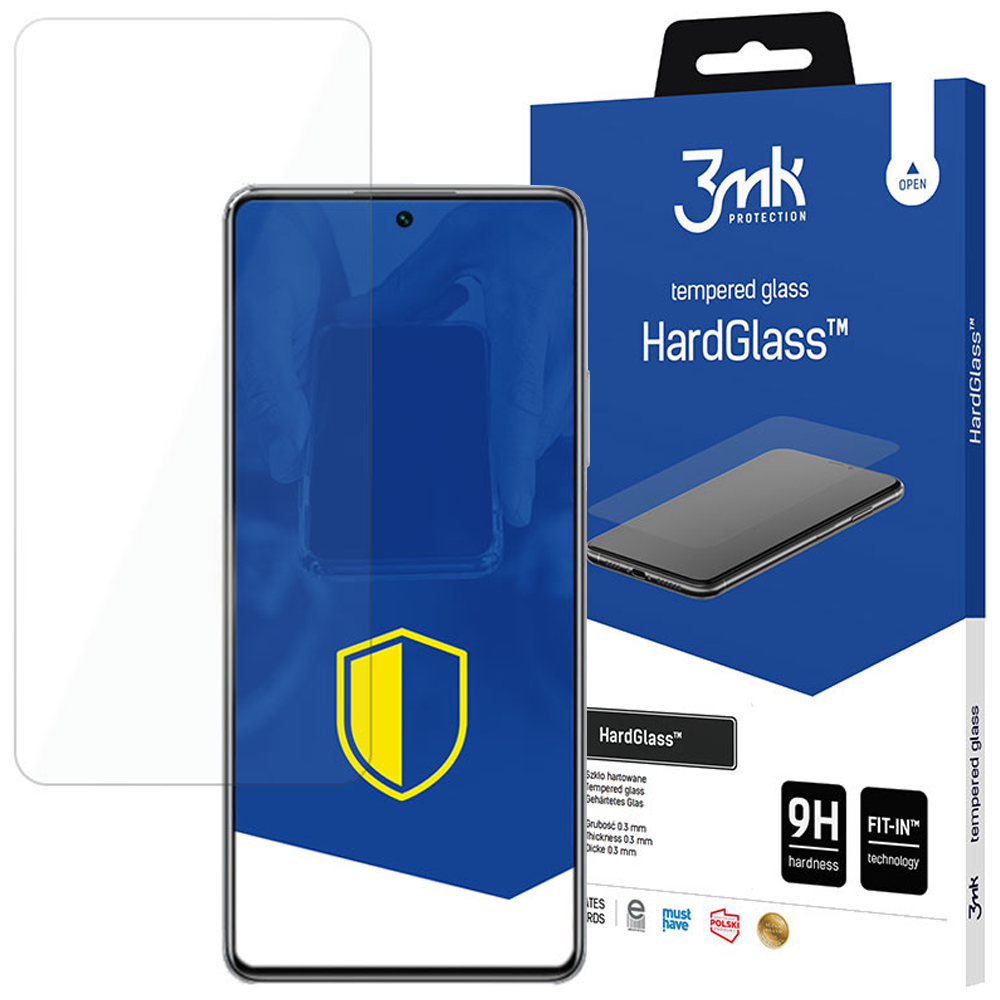 Un telefono con protezione schermo e scatola. La scatola dice HardGlass e 3mk. Uno scudo giallo è sullo schermo del telefono.