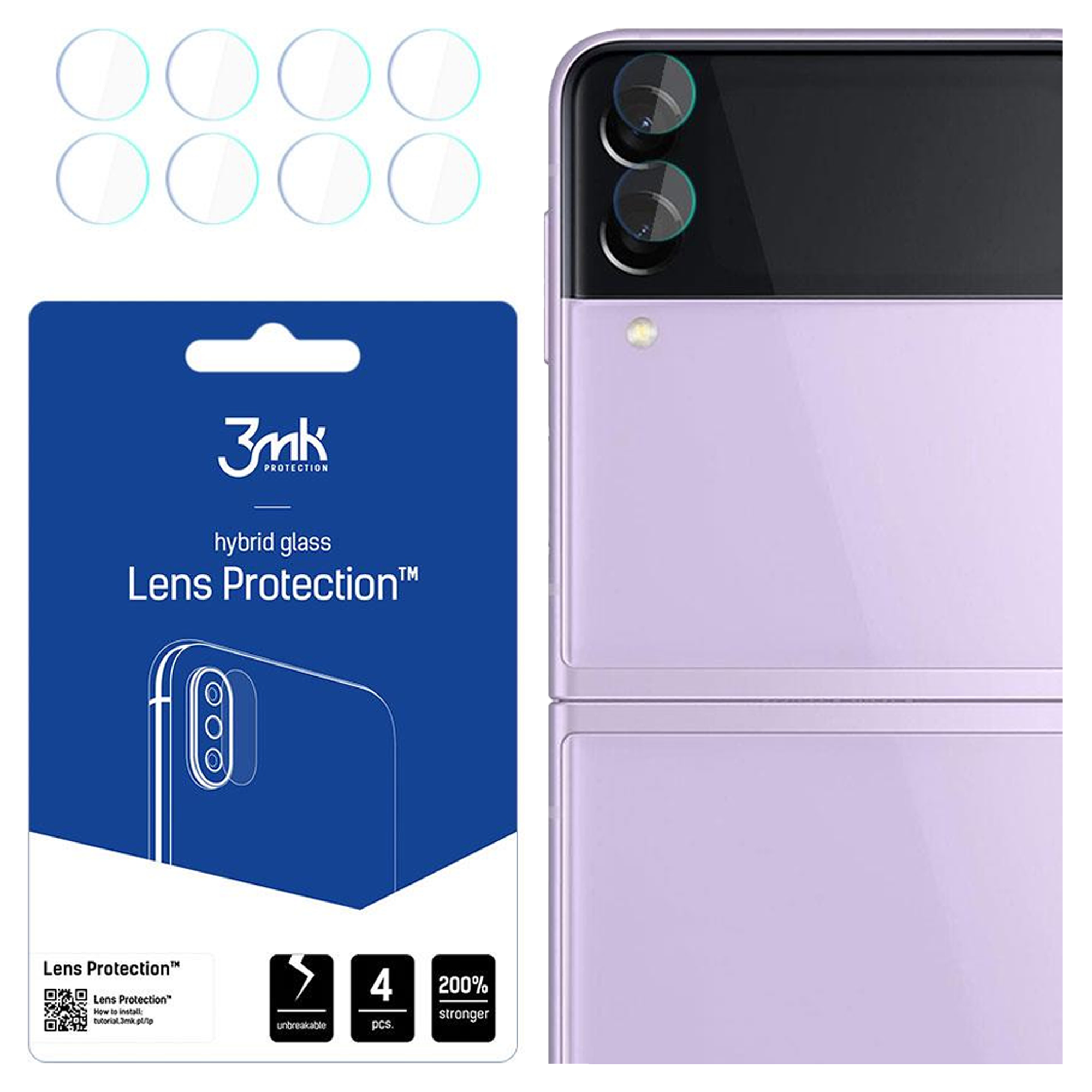 L'immagine mostra un kit di protezione dello schermo del telefono. Pacchetto a sinistra e telefono viola a destra. Protezioni per lenti in alto.