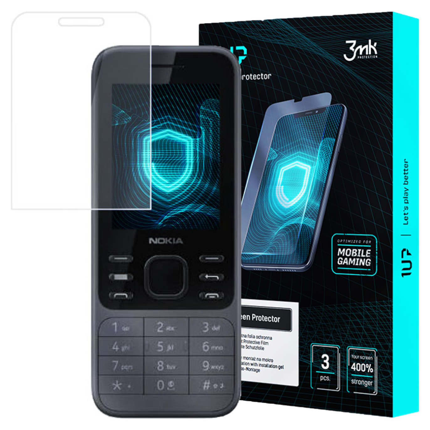 Telefono Nokia con protezione schermo, scatola di protezioni schermo 3mk, ottimizzato per il gioco mobile e più forte del 400%.
