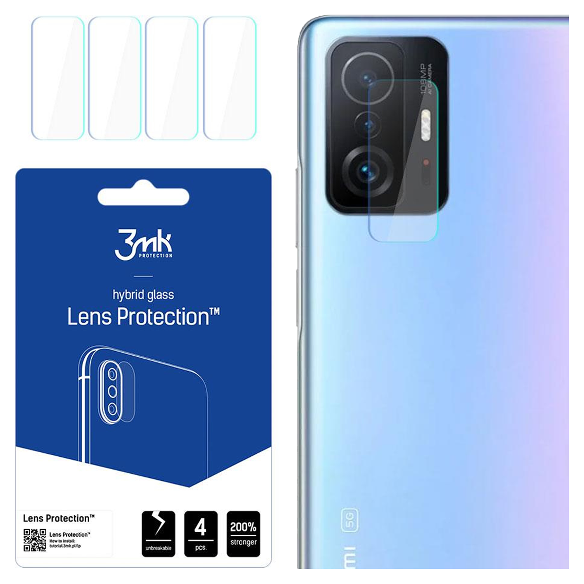 Un kit di protezione dell'obiettivo del telefono con 4 protezioni, un telefono e 3 protezioni in vetro, su sfondo bianco.