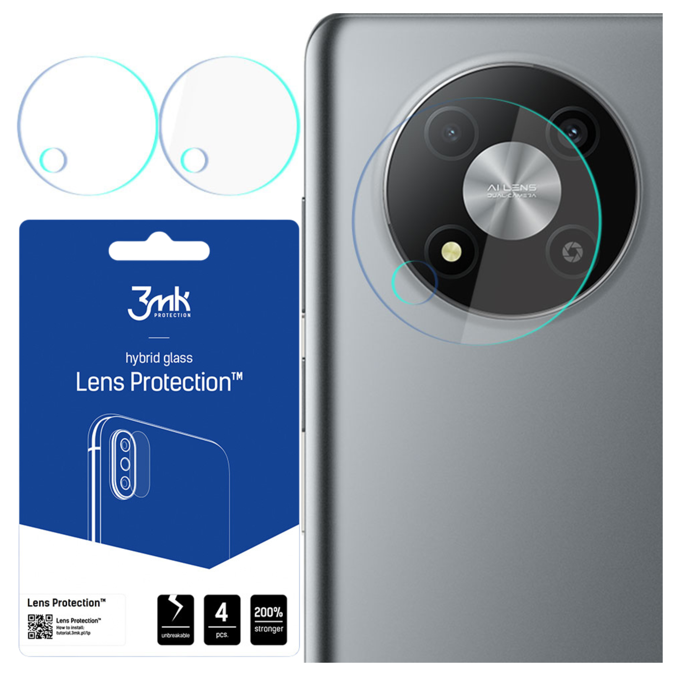 Un telefono con protezione dell'obiettivo e una confezione di protezione dell'obiettivo. La confezione è blu e bianca.