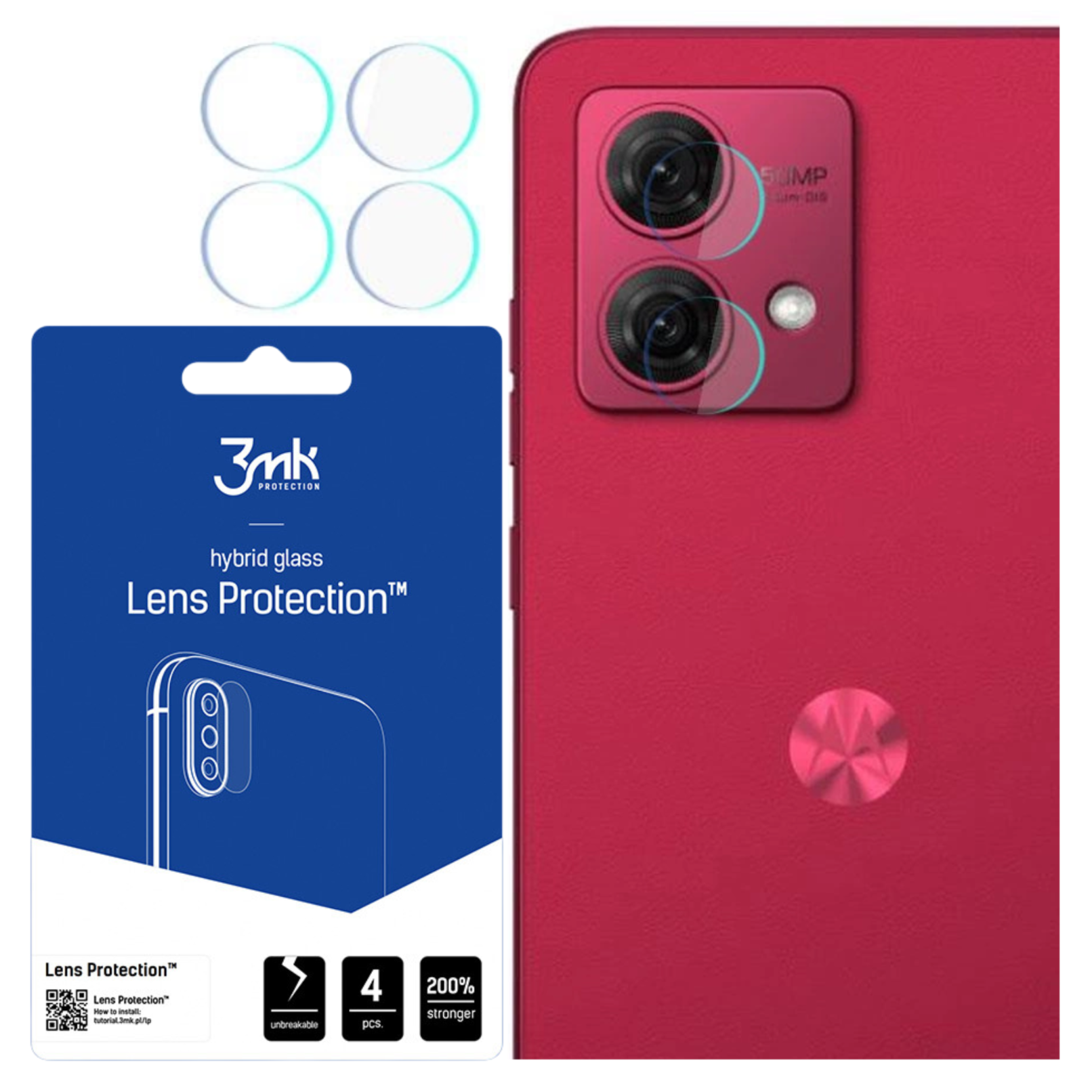 L'immagine mostra protezioni per lenti, retro telefono rosso con lenti e confezione blu con dettagli.