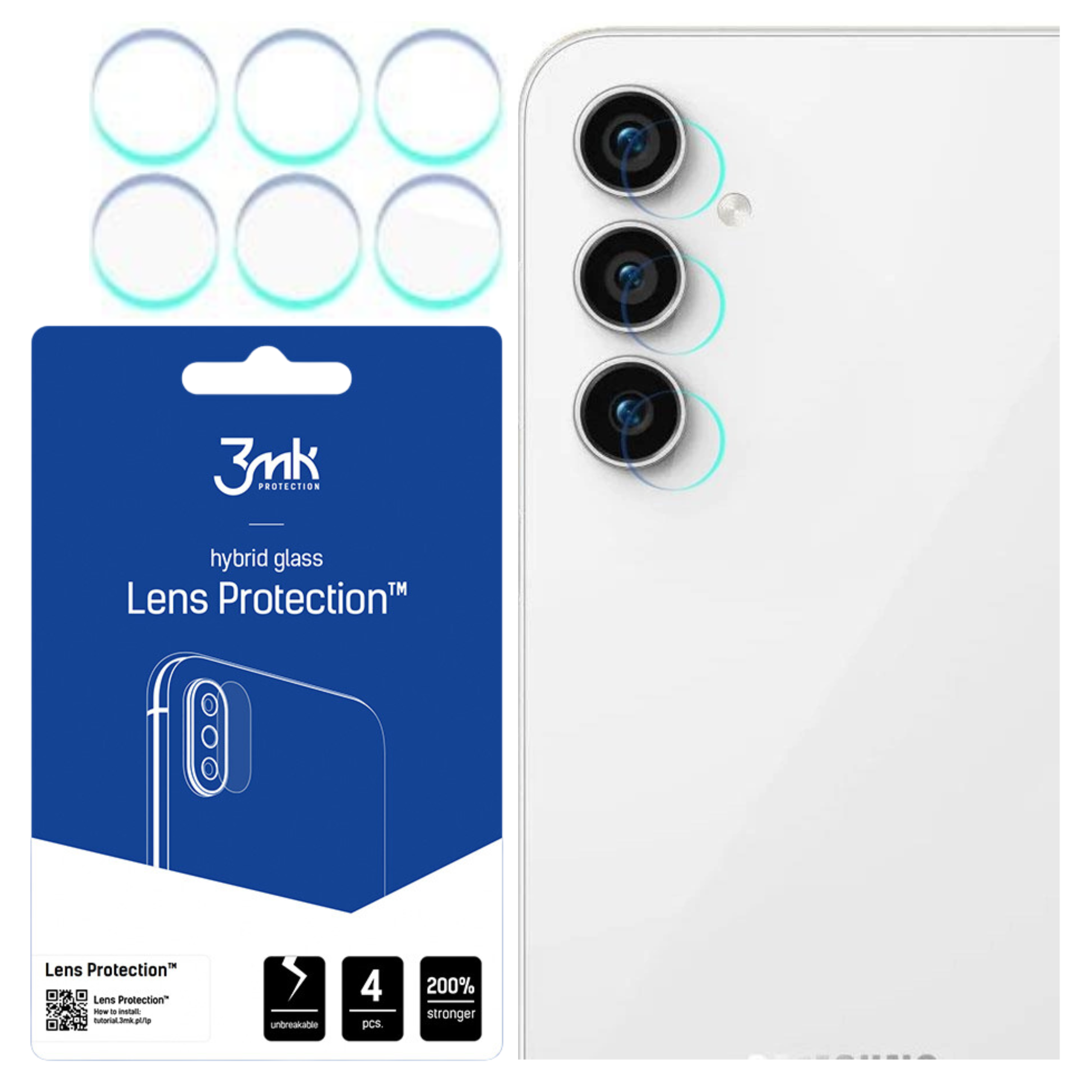 Una confezione di protezione per lenti del telefono con protezioni per lenti e un retro del telefono bianco con tre lenti della fotocamera.