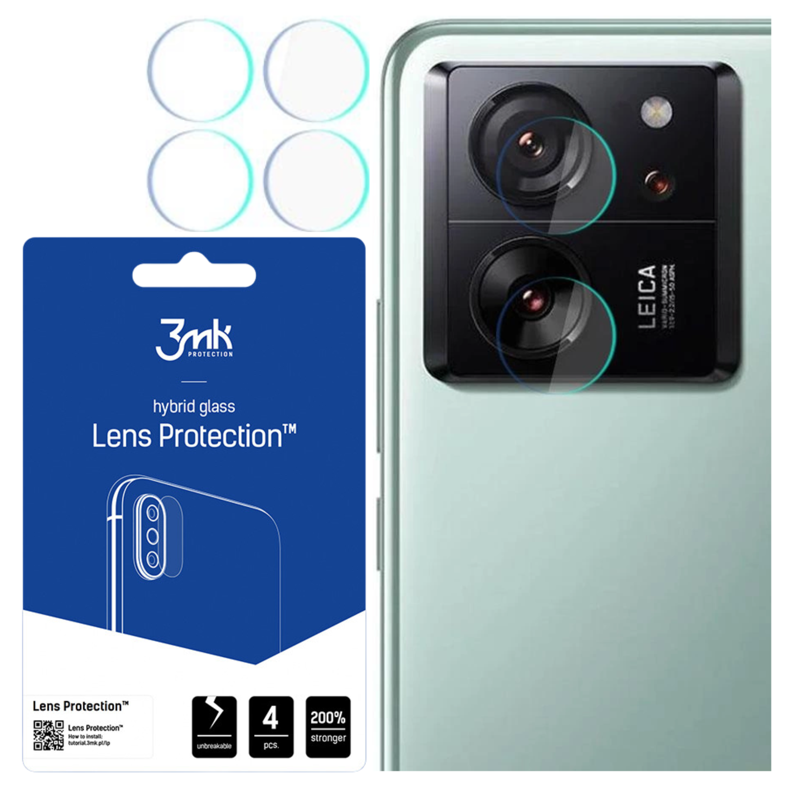 L'immagine mostra un telefono con protezioni per lenti, una confezione con la scritta 'Lens Protection' e quattro coperture.