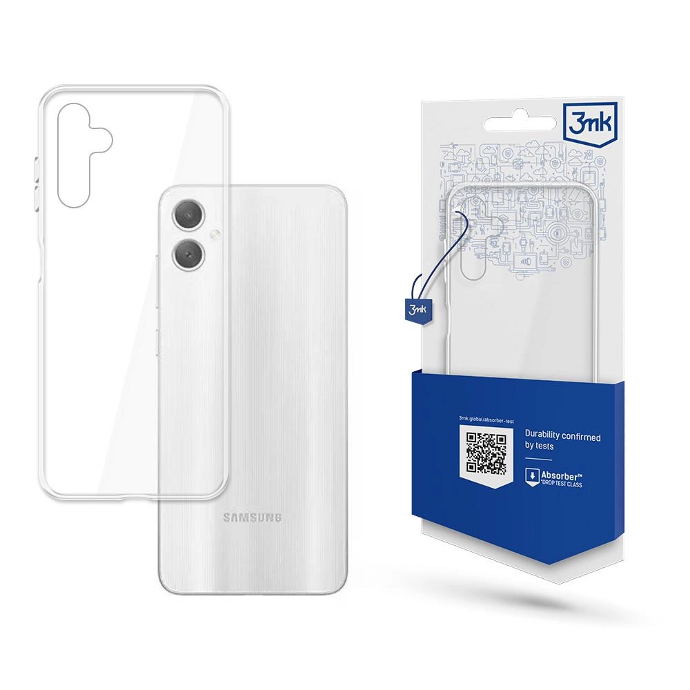 Etui na telefon i telefon są wyświetlane z opakowaniem. Telefon jest biały. Etui jest przezroczyste. Opakowanie zawiera logo.