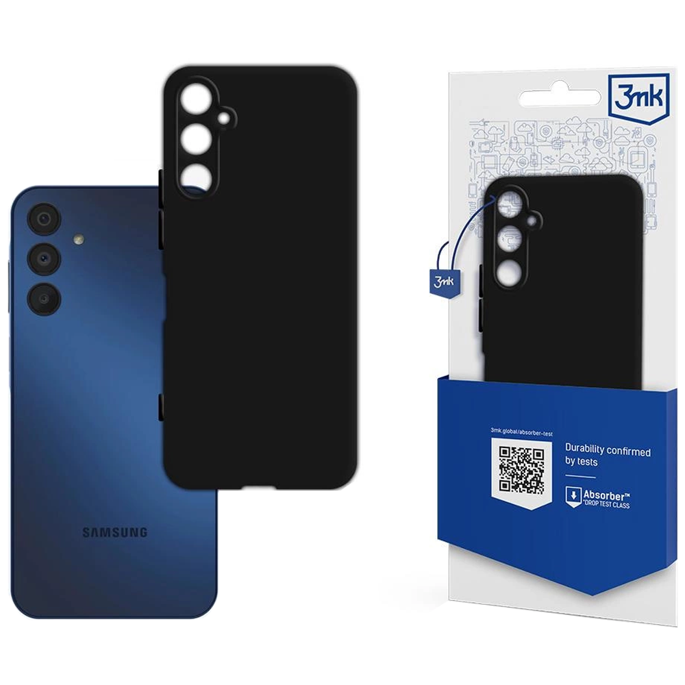 Un telefono Samsung blu e una custodia nera sono esposti accanto a una confezione che mostra una custodia all'interno.