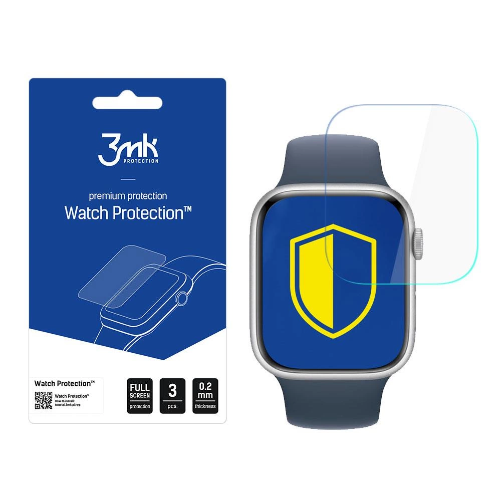 Un prodotto per la protezione dello schermo dell'orologio. Confezione blu con logo e testo del marchio. Un orologio con una pellicola protettiva a destra.