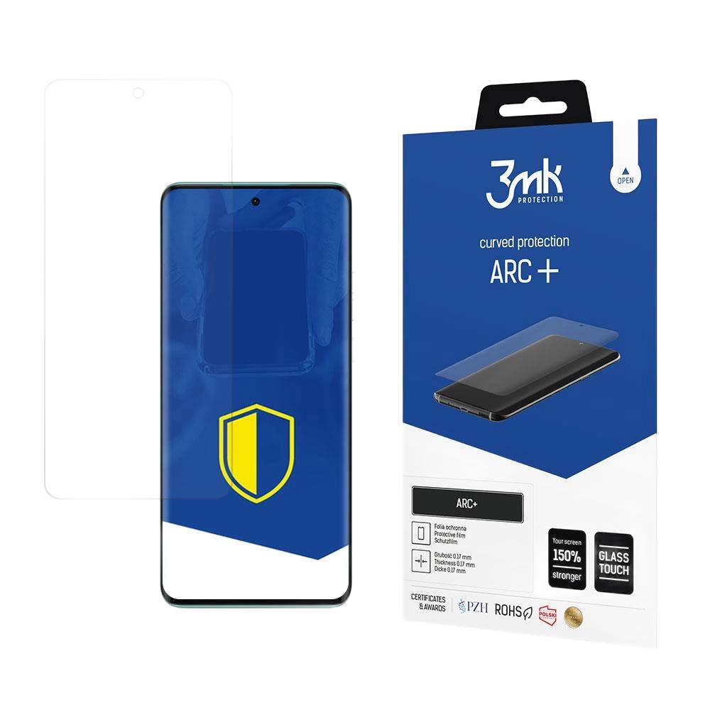 Un proteggi schermo e una scatola. La scatola dice 'curved protection ARC+'. Il proteggi schermo è su un telefono.