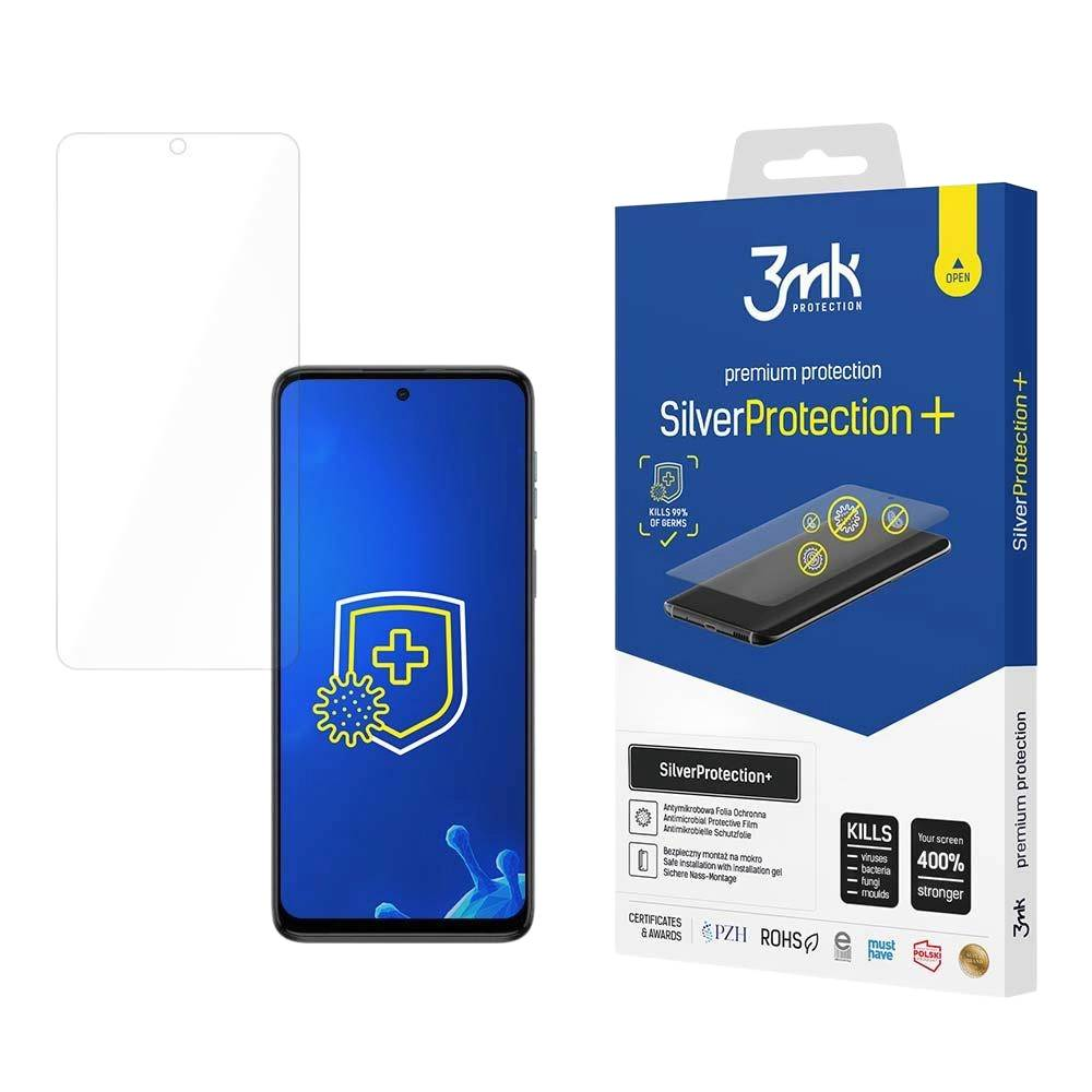 Una scatola per protezione schermo. Con marchio 3mk e prodotto SilverProtection+. Elimina il 99% dei germi.