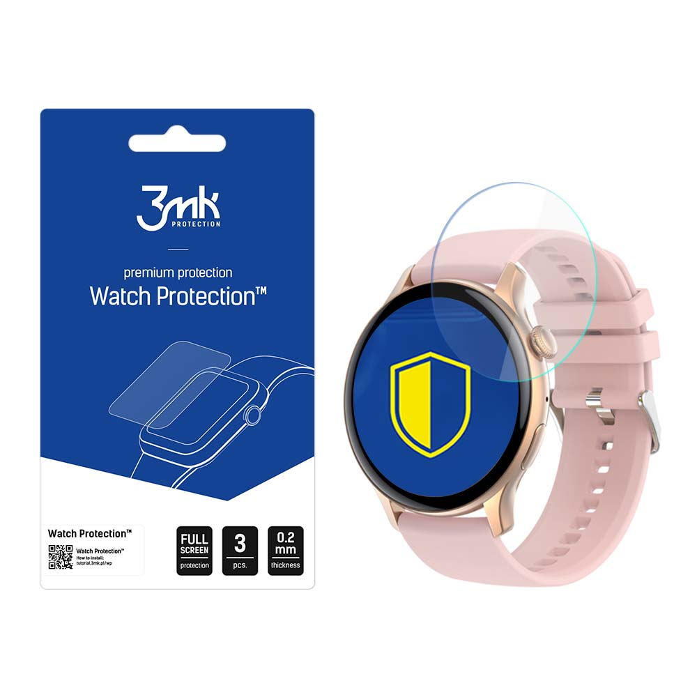 L'immagine mostra un orologio con una protezione per lo schermo e la sua confezione. L'orologio è rosa e la confezione è blu con testo bianco.