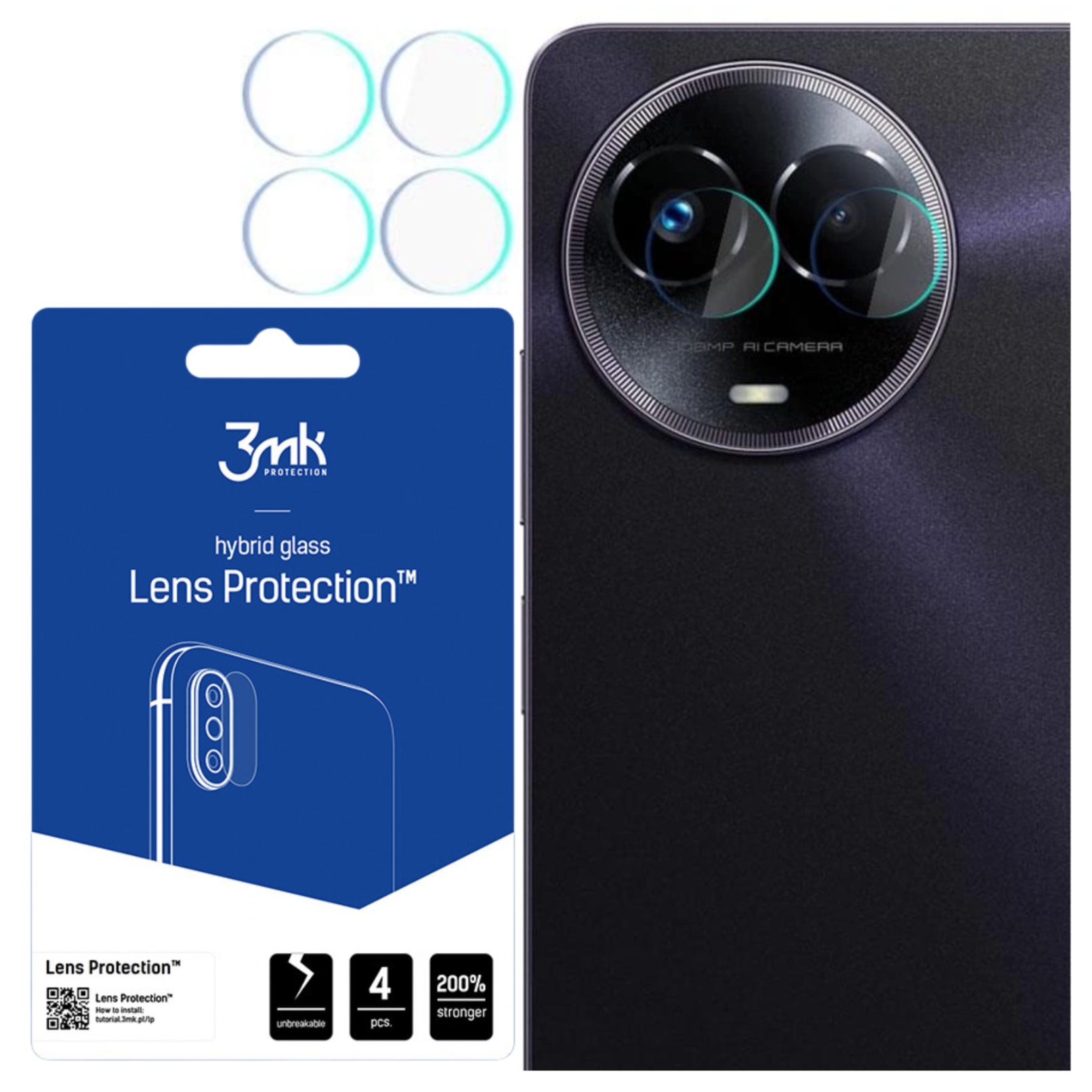 Un telefono con protezioni per lenti della fotocamera, un pacchetto blu di protezione lenti e quattro protezioni circolari.
