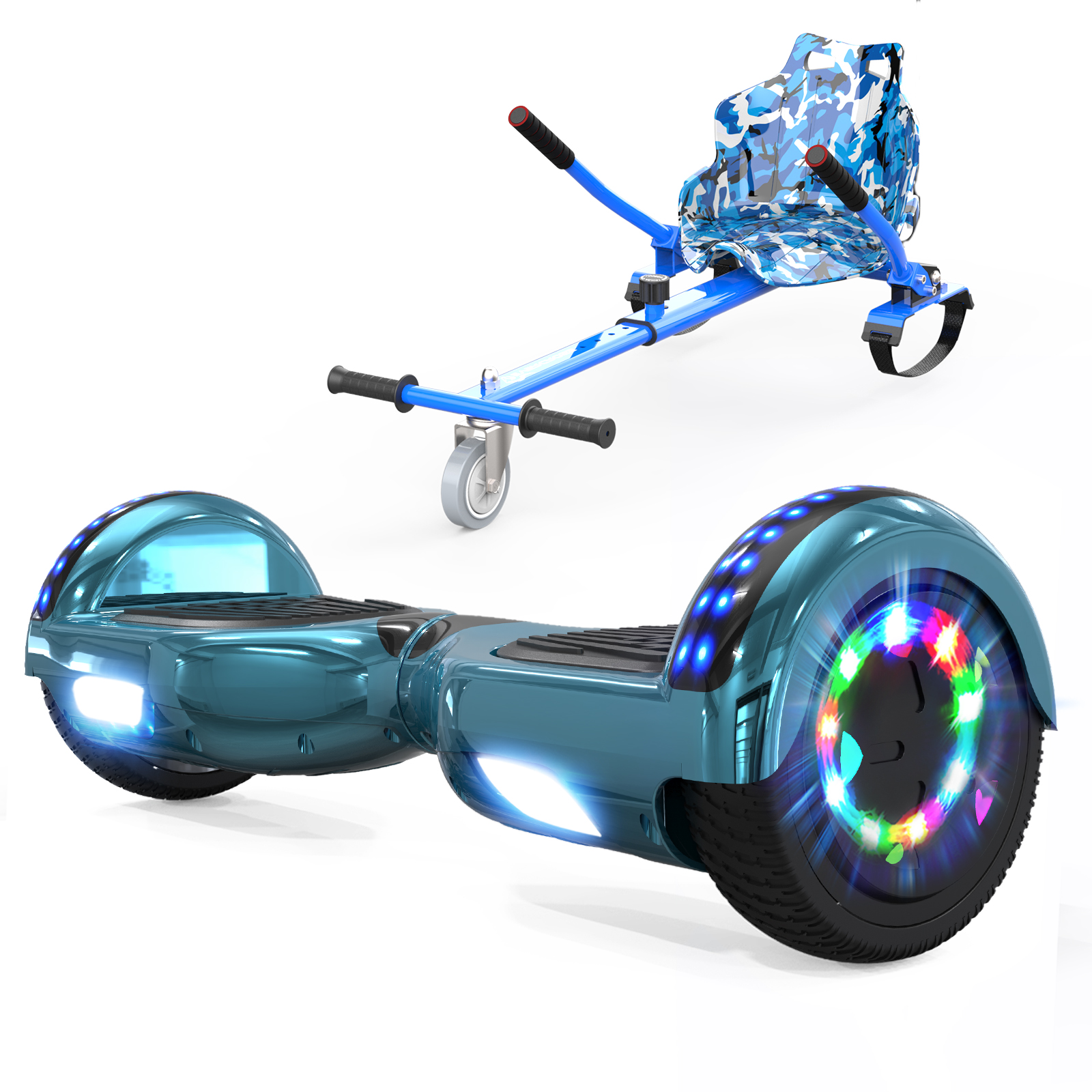 Ein blaues Hoverboard mit leuchtenden Rädern und ein blauer Hoverboard-Sitz im Hintergrund auf einer weißen Oberfläche.