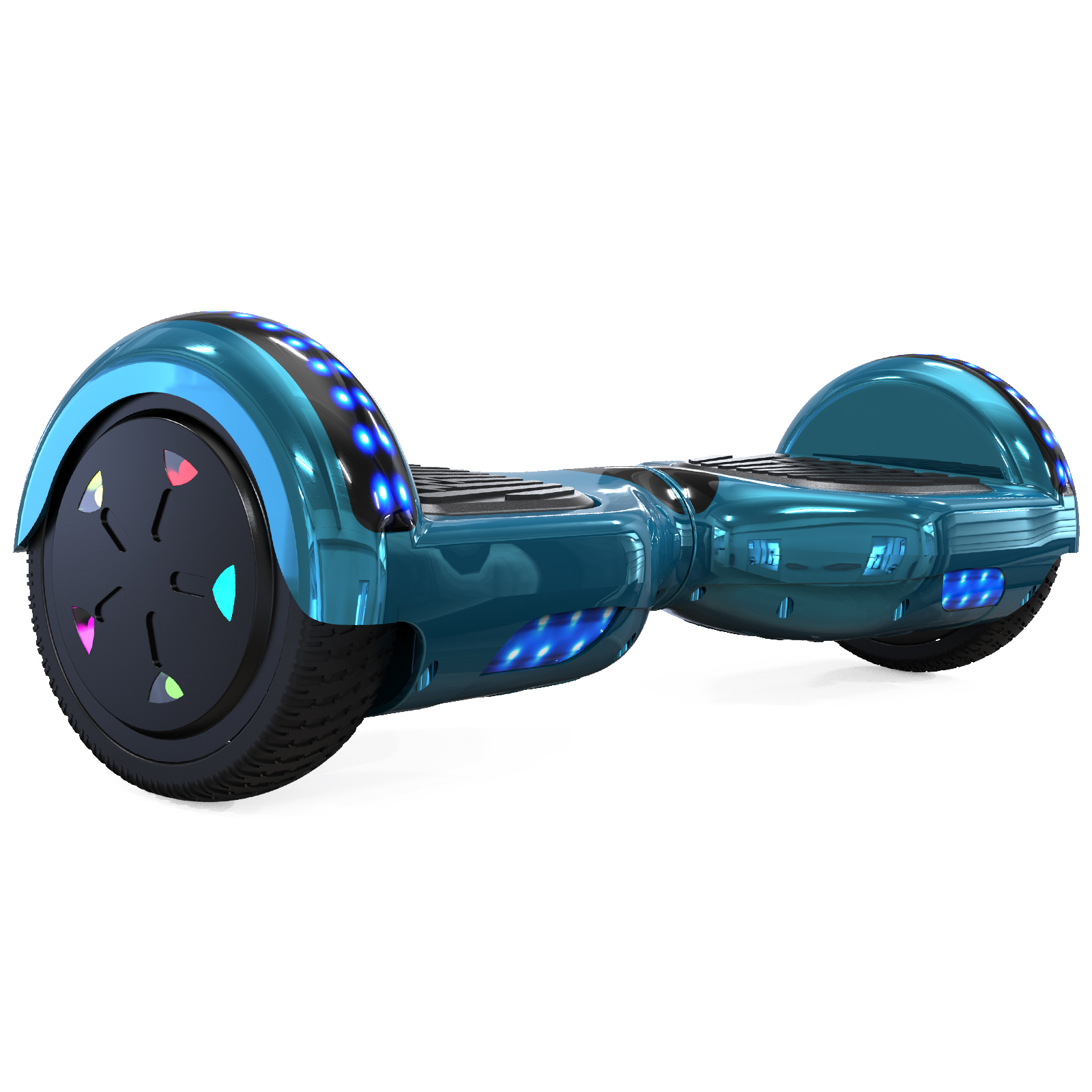 Un hoverboard turquesa con luces azules, ruedas negras y una plataforma negra, aislado sobre fondo blanco.