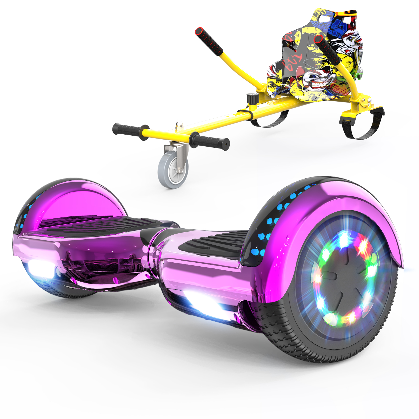 Un hoverboard y un go-kart amarillo. El hoverboard es morado con luces LED. El go-kart tiene un asiento estilo graffiti.