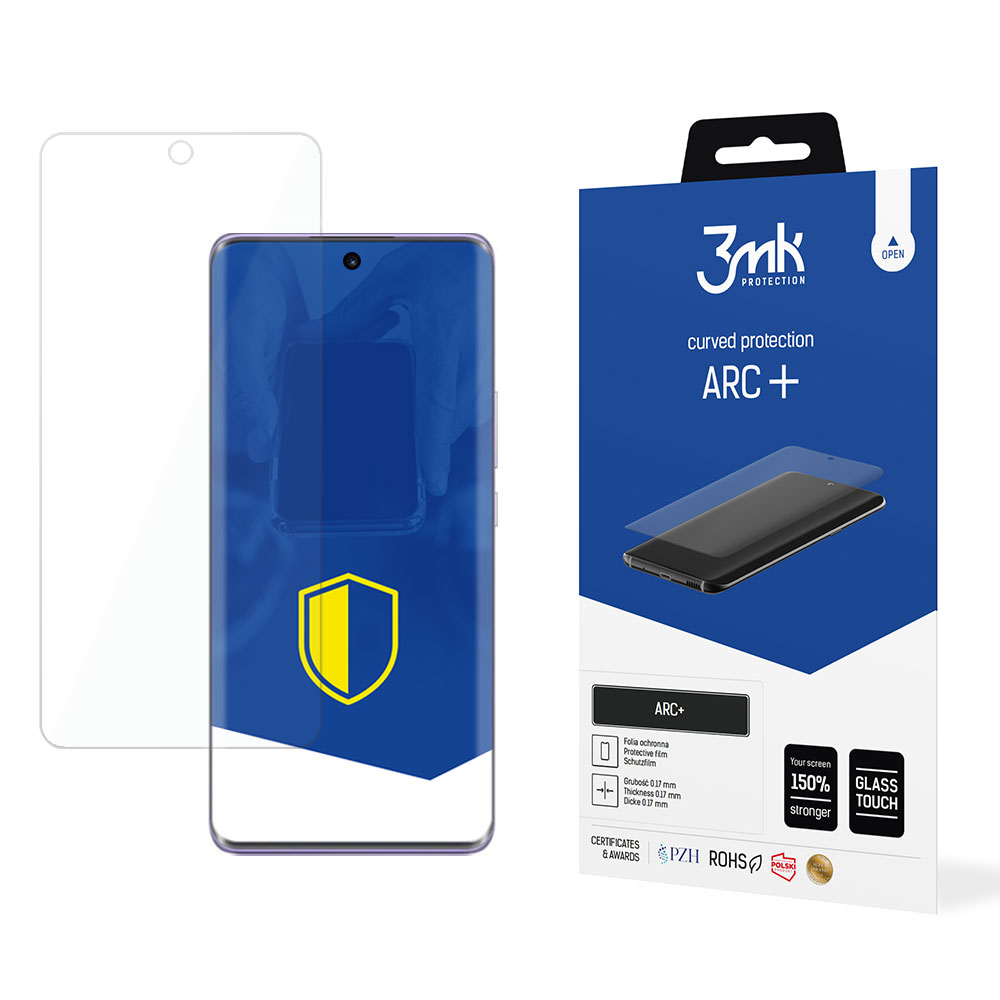 Un telefono e una protezione per lo schermo sono esposti con una scatola blu etichettata ARC+. I dettagli includono lo spessore e le certificazioni.