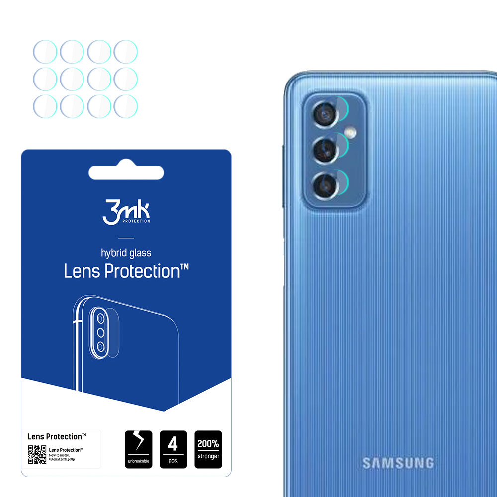 Un telefono e un proteggi obiettivo sono mostrati. Il telefono è blu. La confezione del proteggi è bianca e blu.