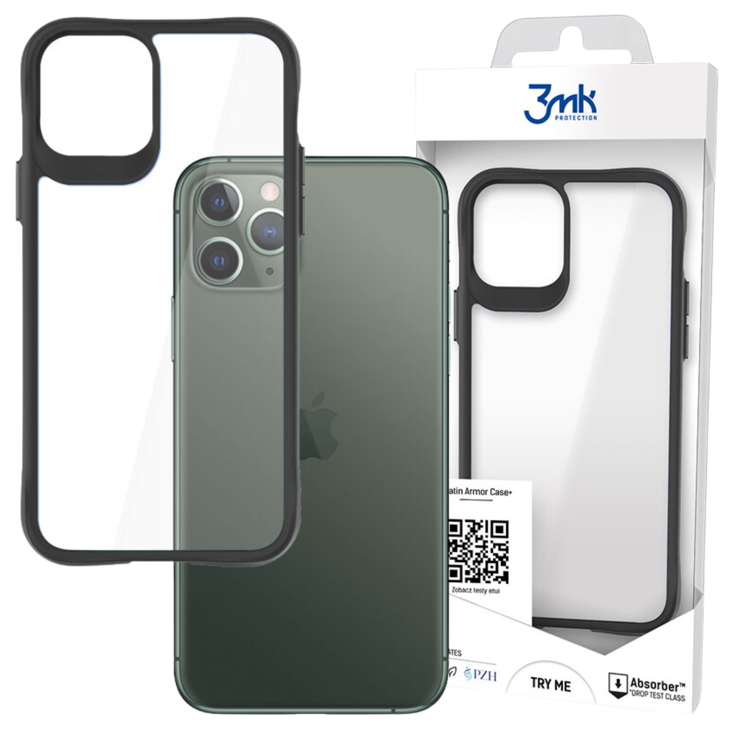 Wyświetlana jest obudowa telefonu, z telefonem w środku. Z lewej strony pokazana jest obudowa ochronna. Opakowanie jest po prawej stronie.