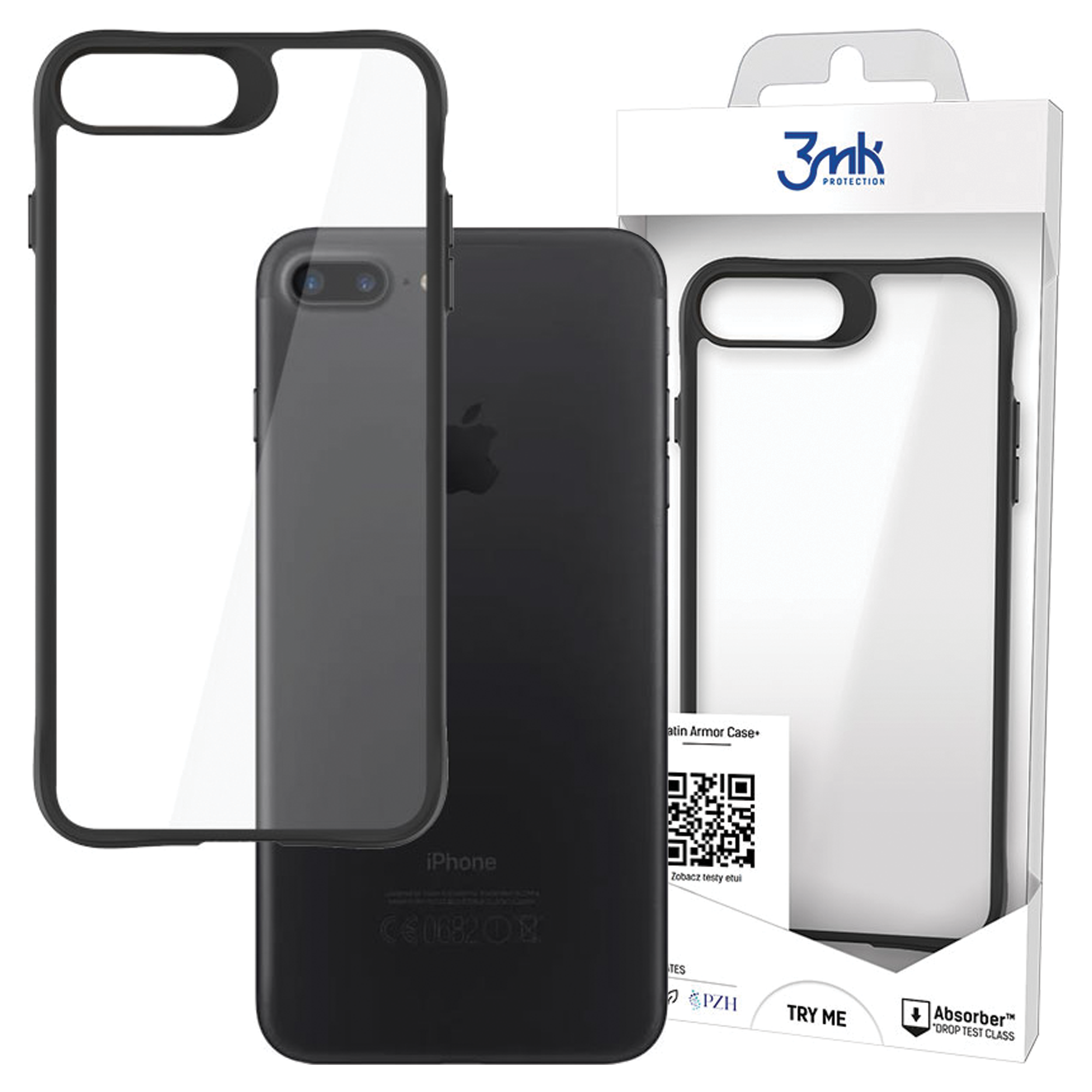 Czarny iPhone z przezroczystym etui na telefon jest wyświetlany, wraz z zapakowanym etui. Tło jest białe.