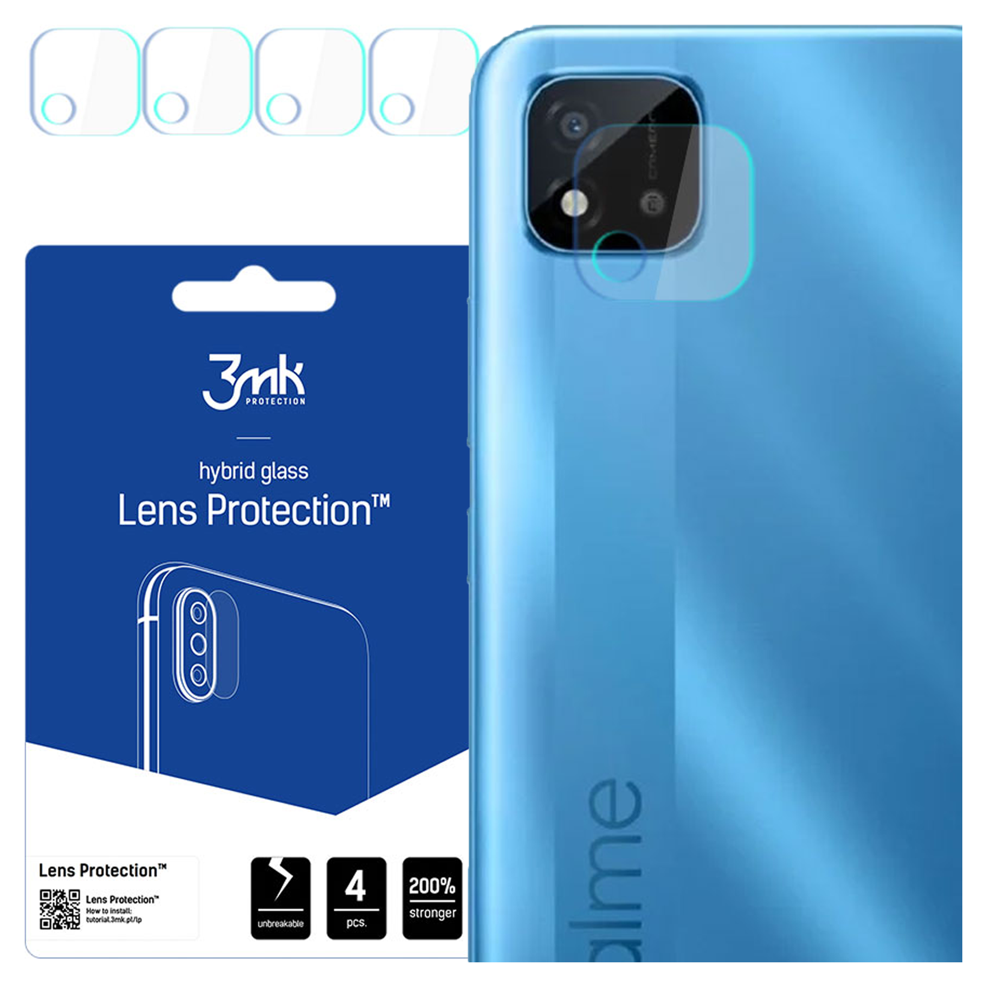 Un telefono con protezione per lenti della fotocamera. Un pacco di protezioni per lenti e telefono blu. Il prodotto è 3mk Lens Protection.