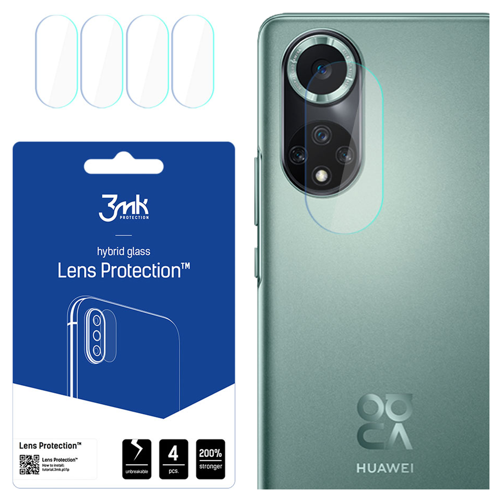 Un telefono e protezioni per lo schermo. Il telefono è verde. La confezione del protettore è blu con dettagli sul prodotto.