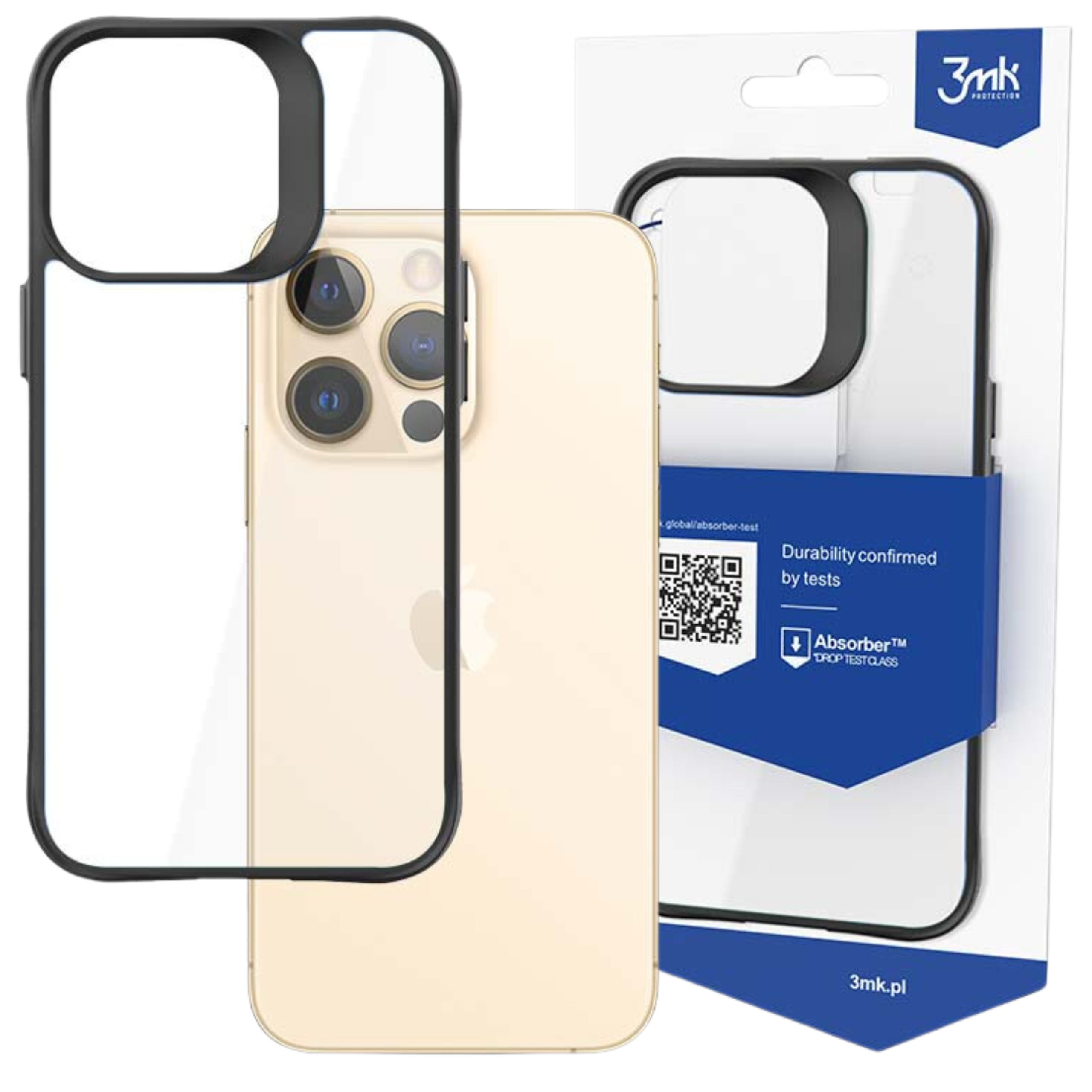 iPhone z przezroczystym etui. Etui ma czarną obwódkę. Opakowanie z niebieskim brandingiem jest za telefonem.