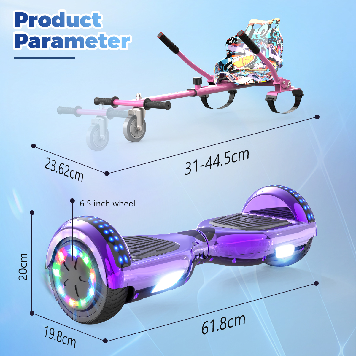 Se muestra un hoverboard morado y un juguete tipo kart rosa. Las dimensiones están etiquetadas con medidas en cm y pulgadas.