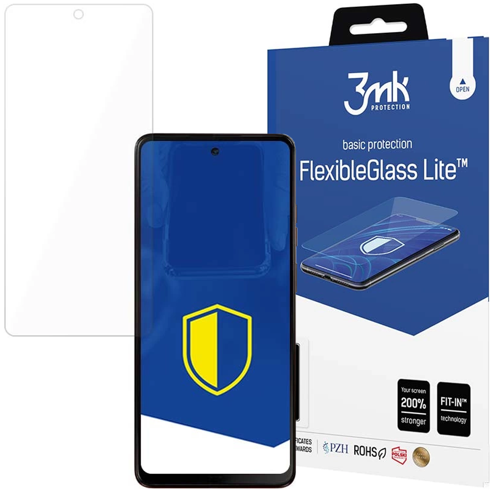 Un proteggi schermo per telefono con un telefono e la sua scatola. La scatola è blu, con testo bianco e un logo a scudo.