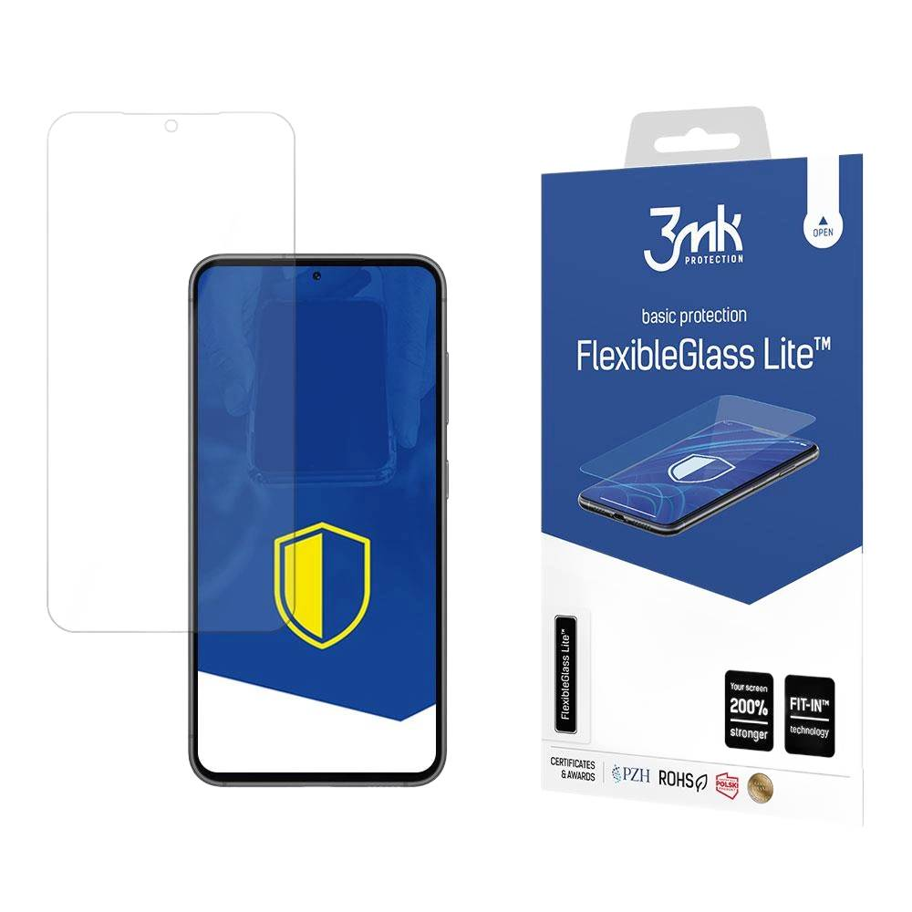 Un kit proteggi schermo per telefono. Include un telefono, una protezione schermo e una confezione con testo come 'FlexibleGlass Lite'.