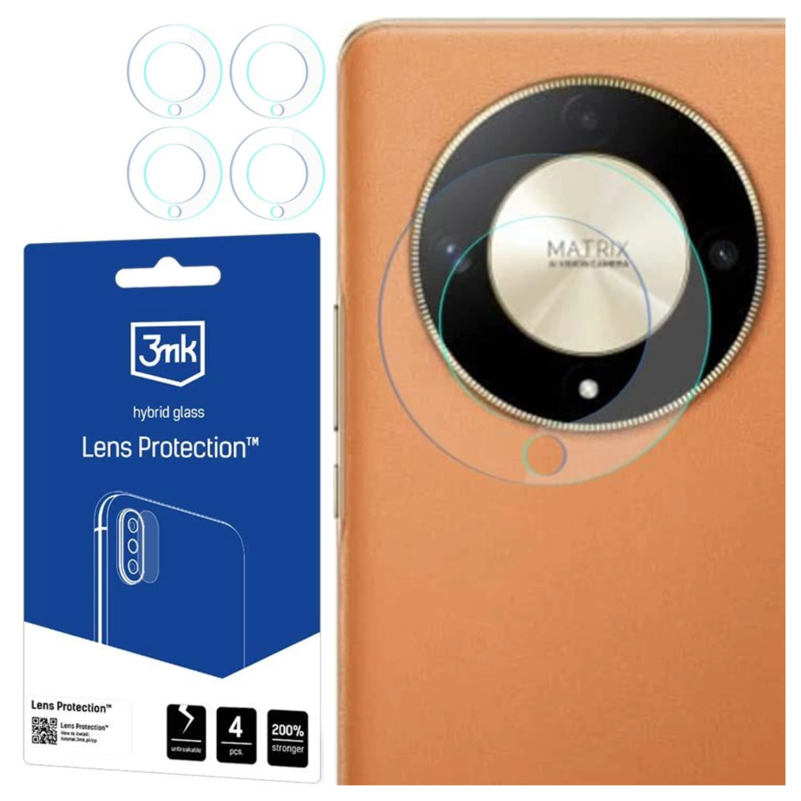 L'immagine mostra il retro di un telefono, protezioni per lenti e una confezione di protezione per lenti. Il retro è arancione.